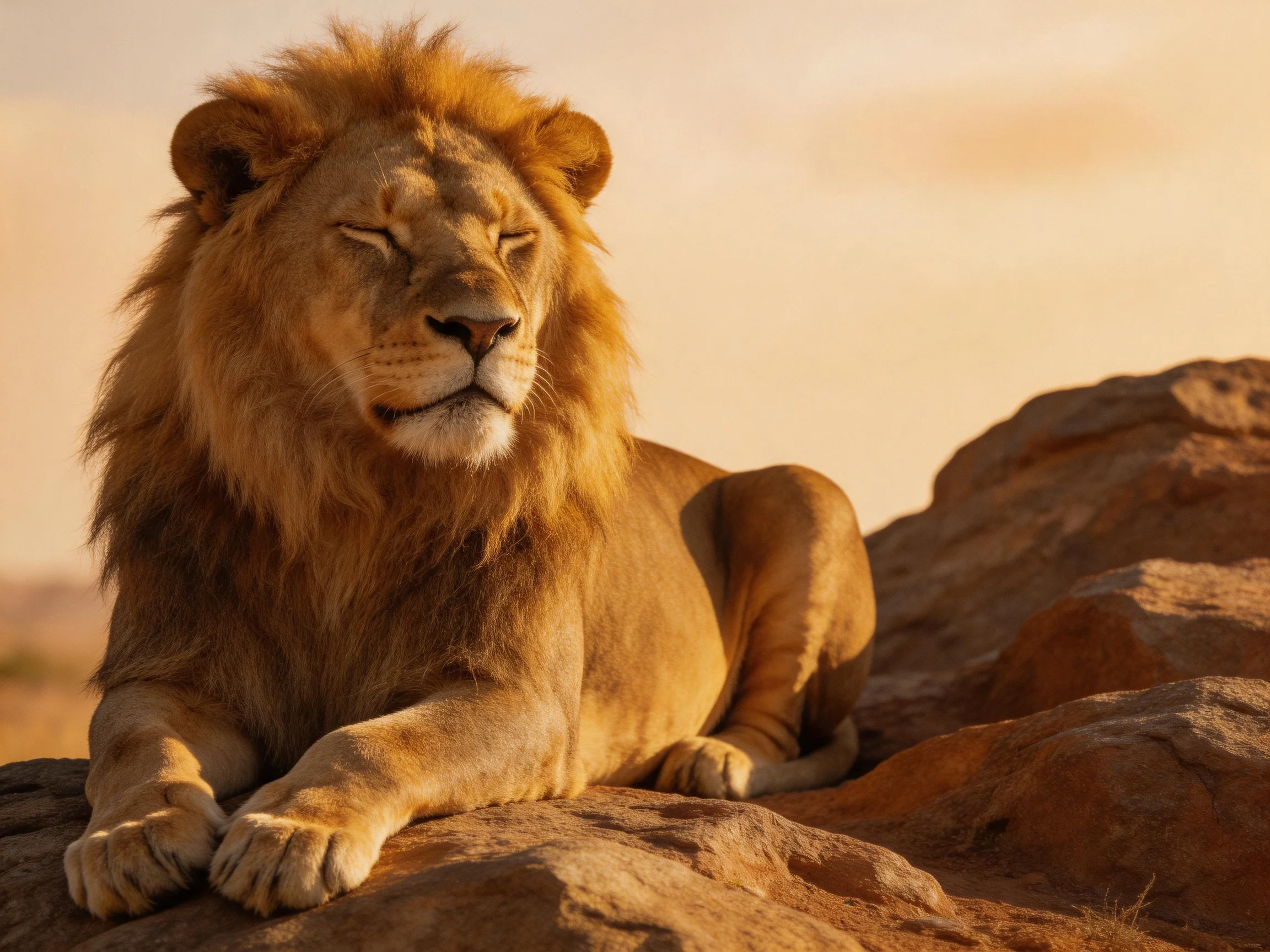 A majestic lion rests on reddish-brown rocks under warm sunlight