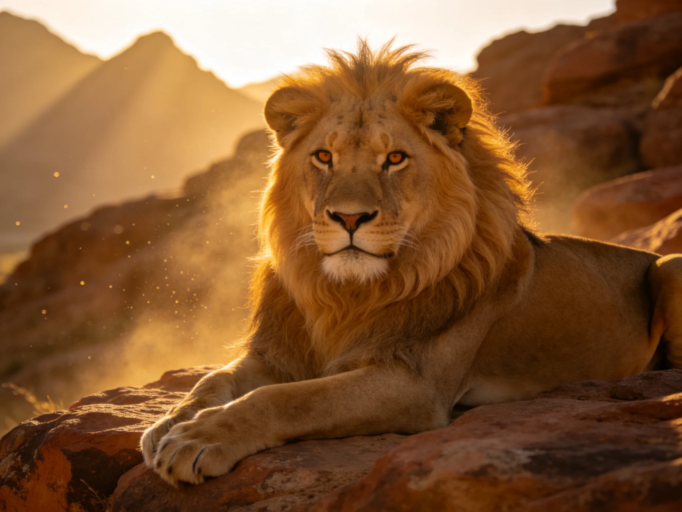 A lion lies on rocks, bathed in golden sunlight