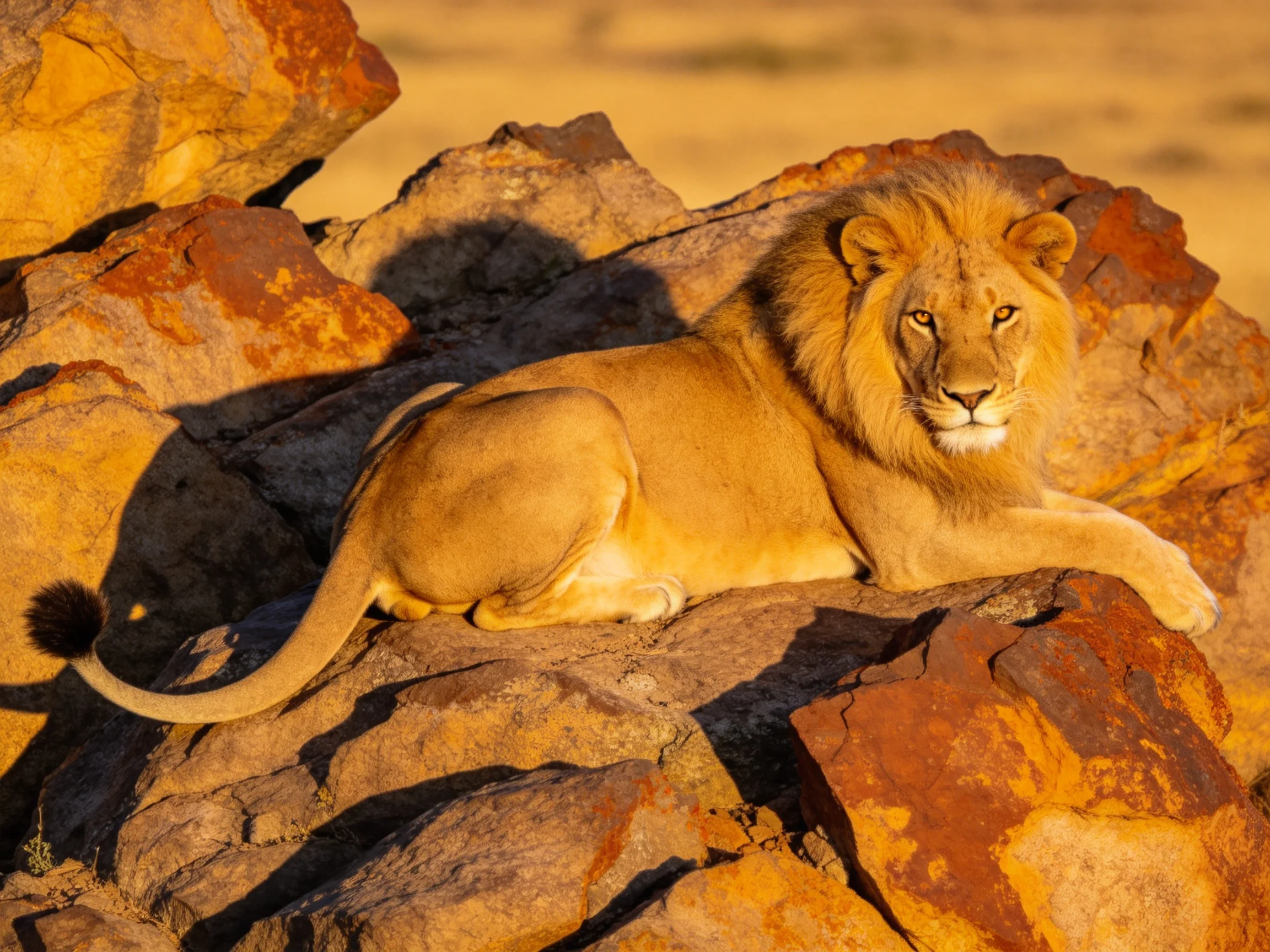 A lion relaxes on rugged rocks illuminated by warm sunlight.
