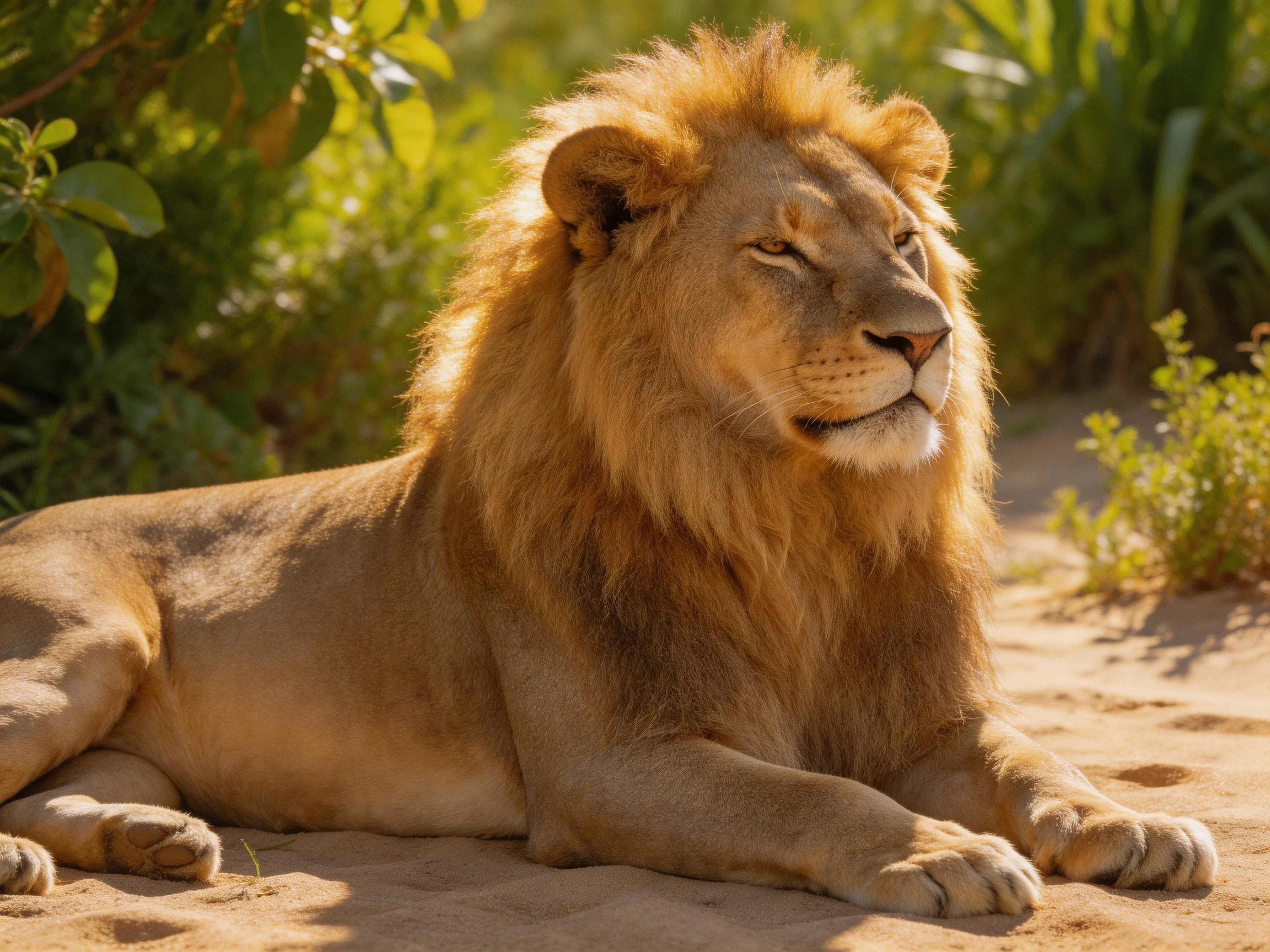 A majestic lion rests on sandy terrain with lush green foliage