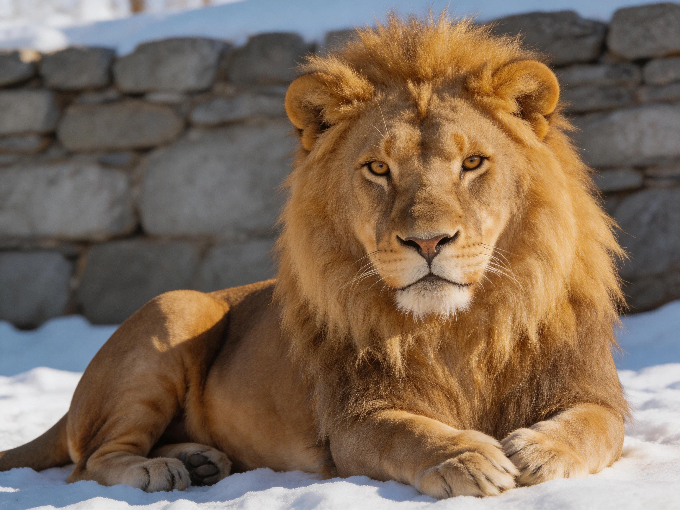 A lion lies calmly on snow beside a stone wall.