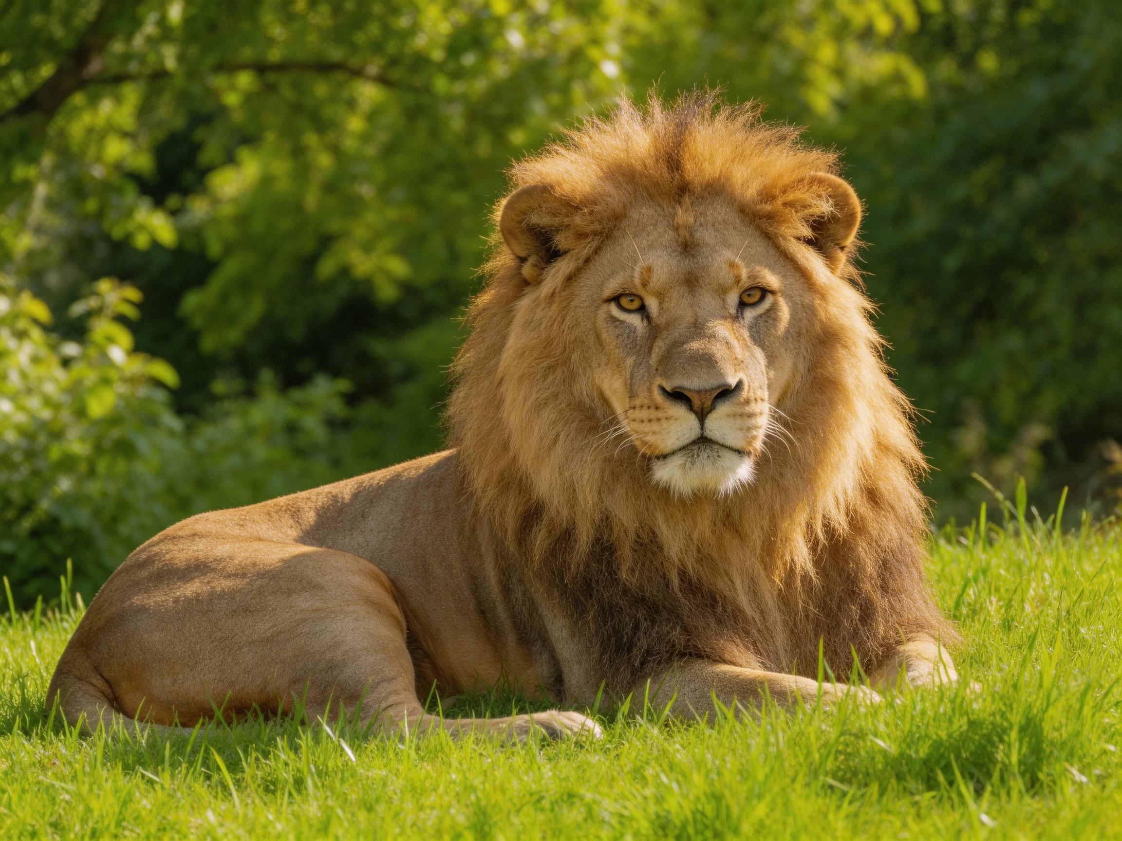A lion lies calmly on green grass surrounded by dense foliage.