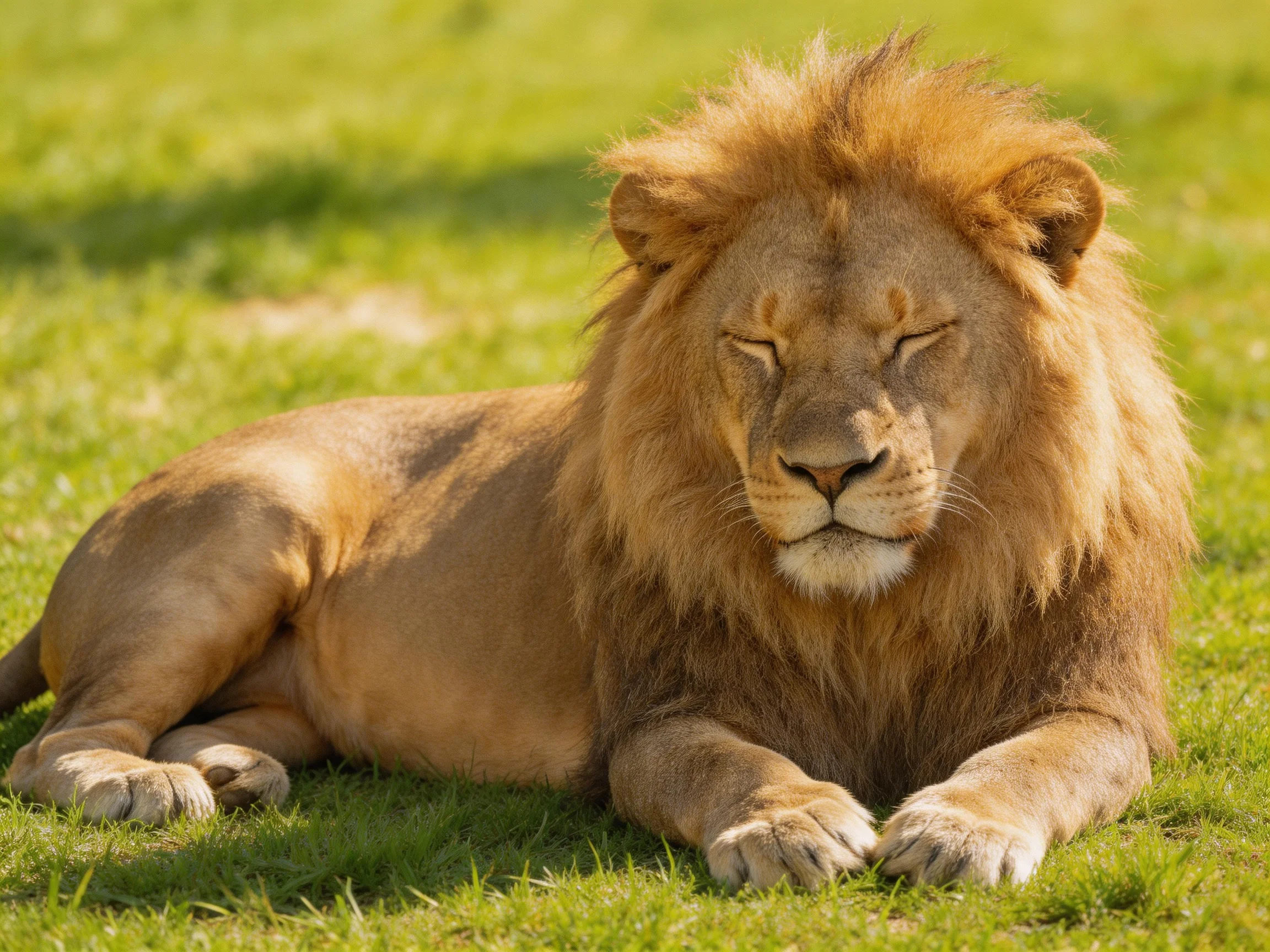 A majestic lion rests on vibrant green grass with a thick golden mane