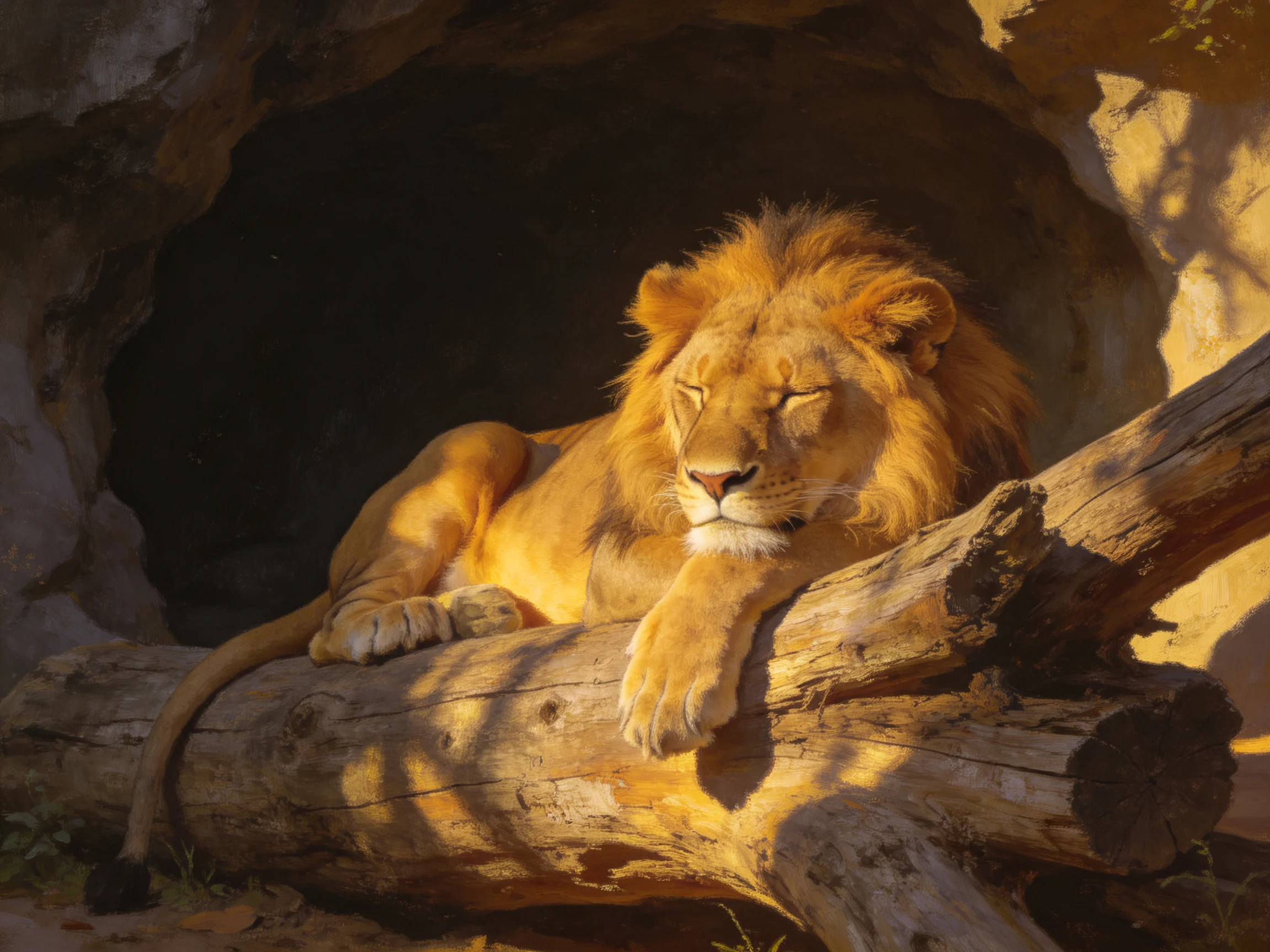 A lion sleeps peacefully on aged wooden logs next to a rocky shelter.