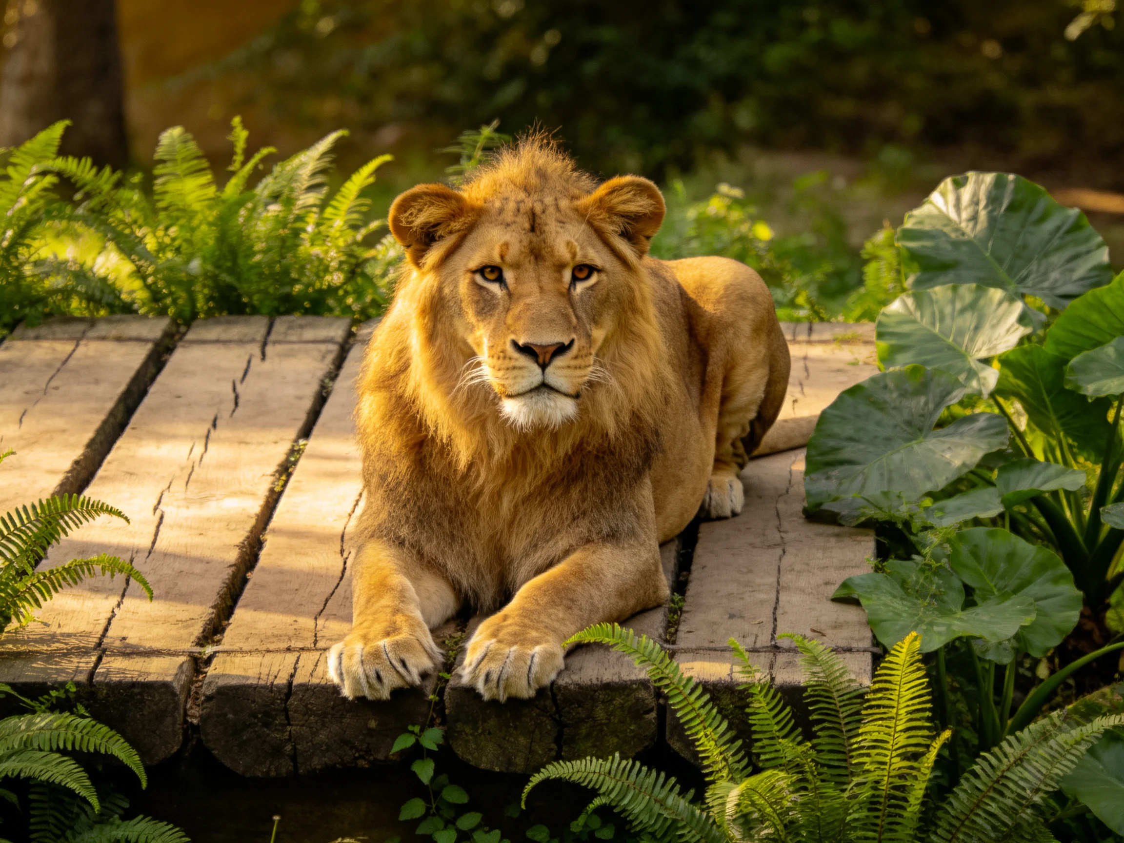 A lion lies calmly on wooden planks surrounded by dense green plants.