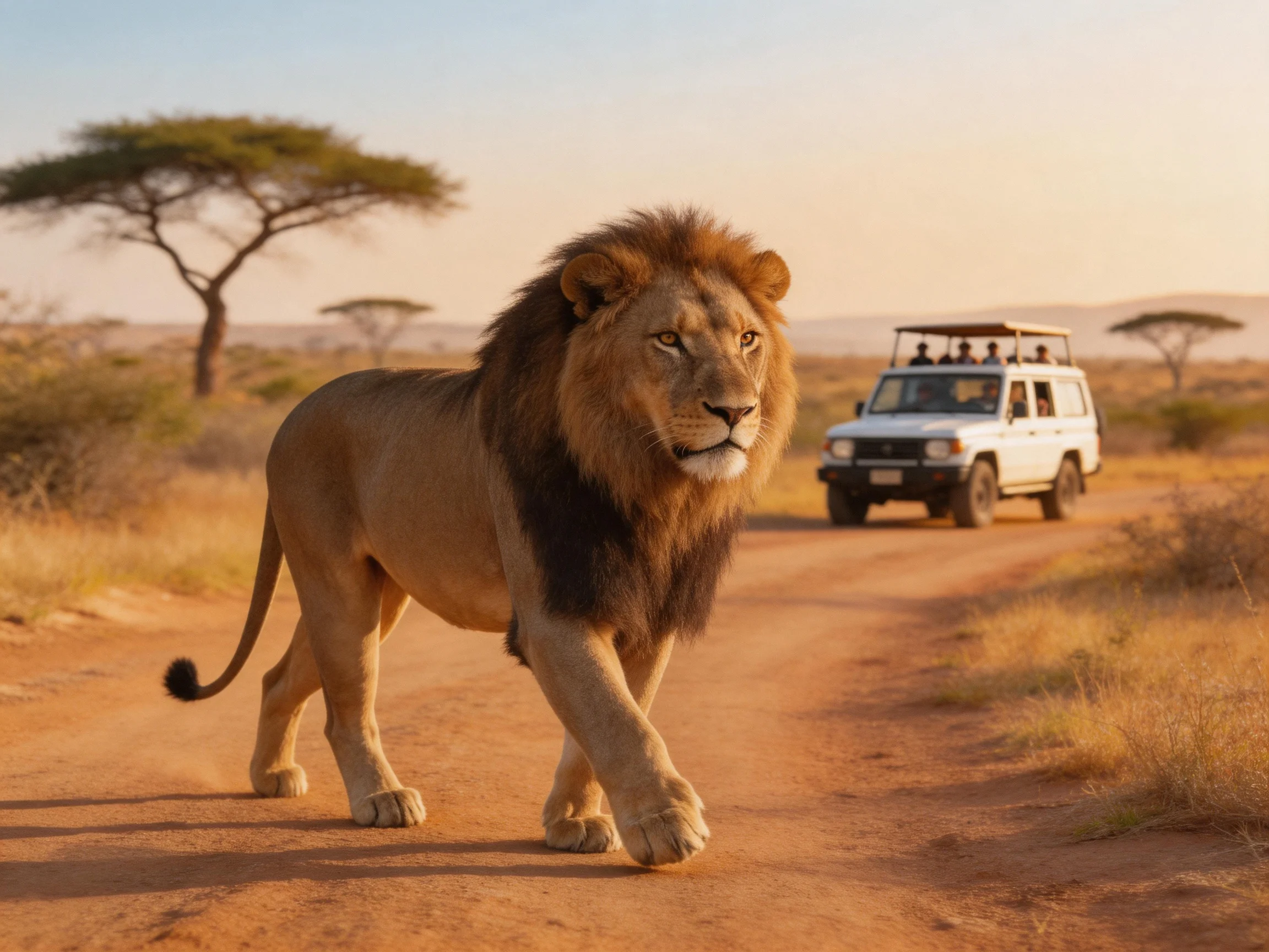 A lion walks along a dirt road as a safari vehicle approaches in an African savannah.