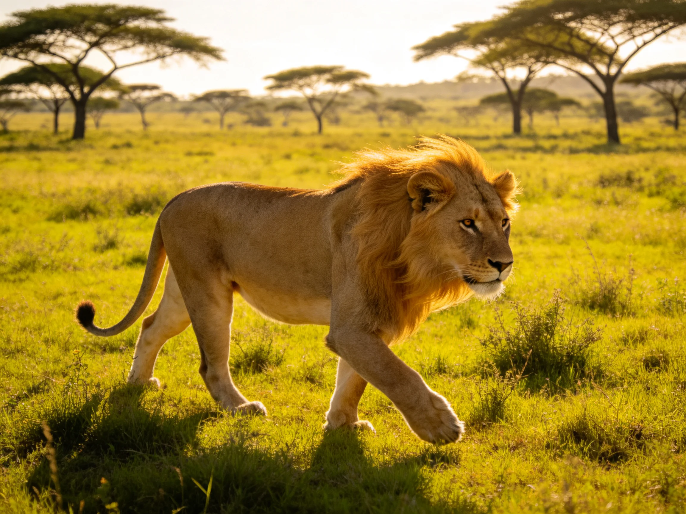 A majestic lion roams a sun-drenched African savannah