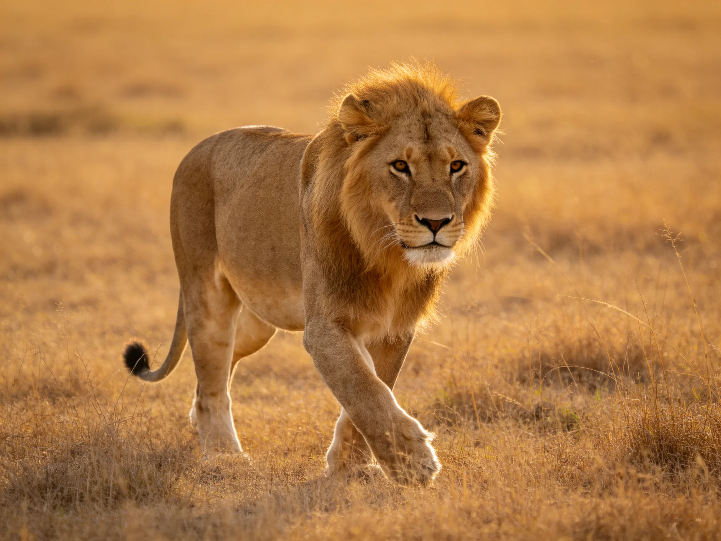 A majestic lion roams a sun-drenched golden savannah landscape