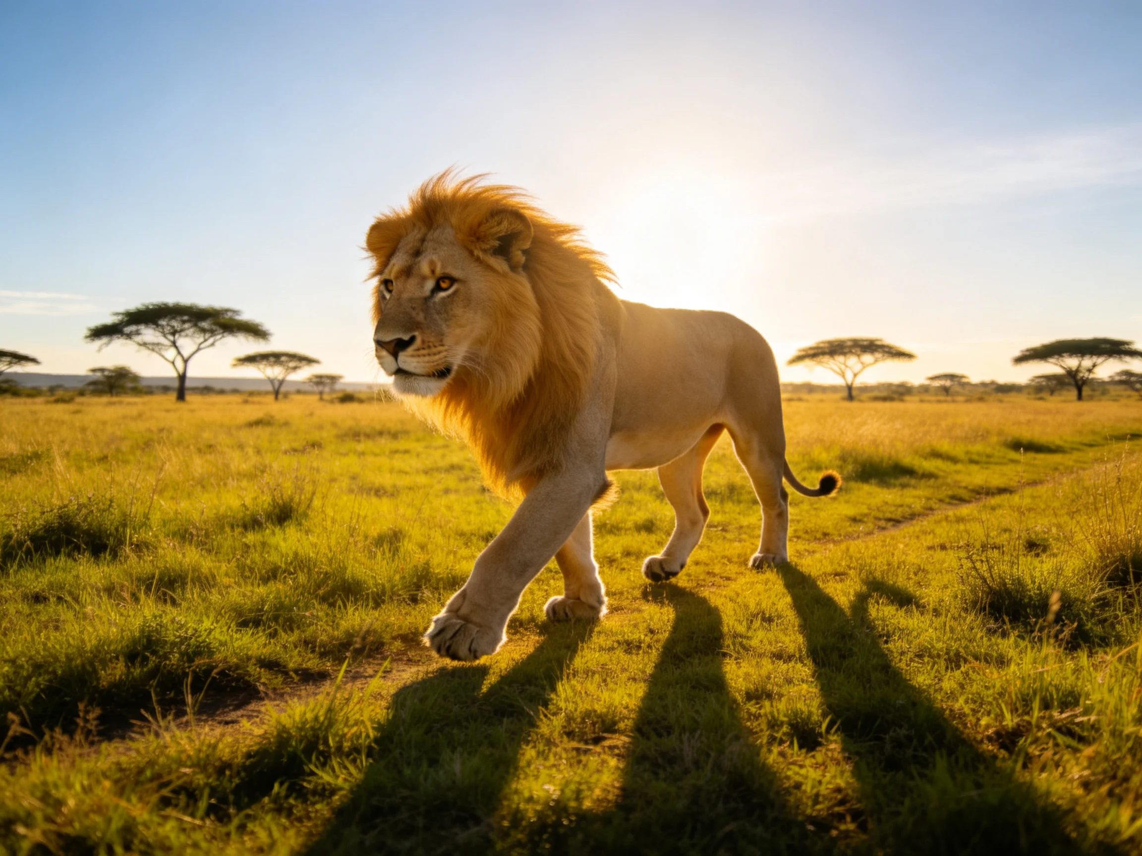 A majestic lion roams a sunlit African savannah with acacia trees