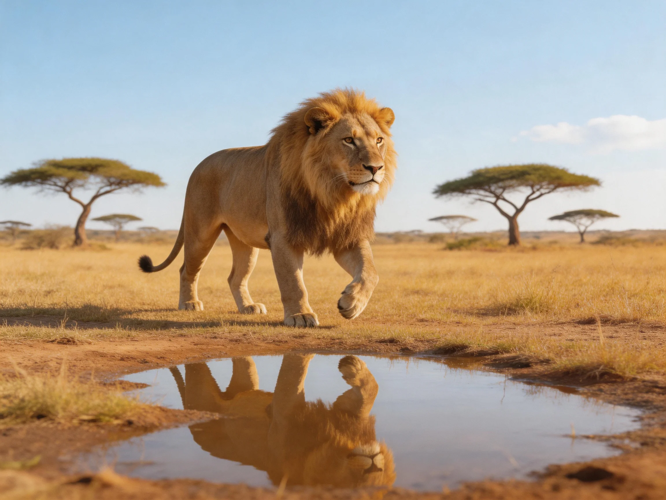 A lion walks through the savannah near a reflective water puddle.
