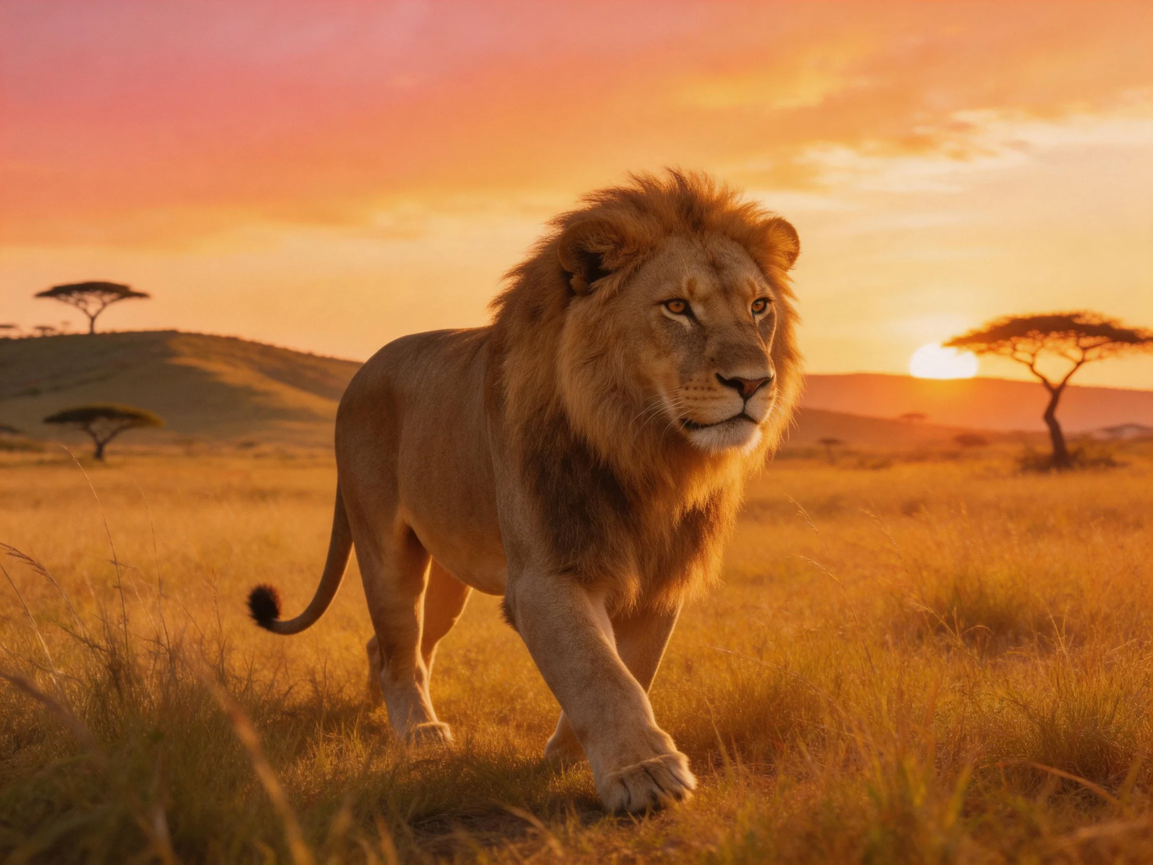 A lion walks through a golden savannah during a vibrant sunset.