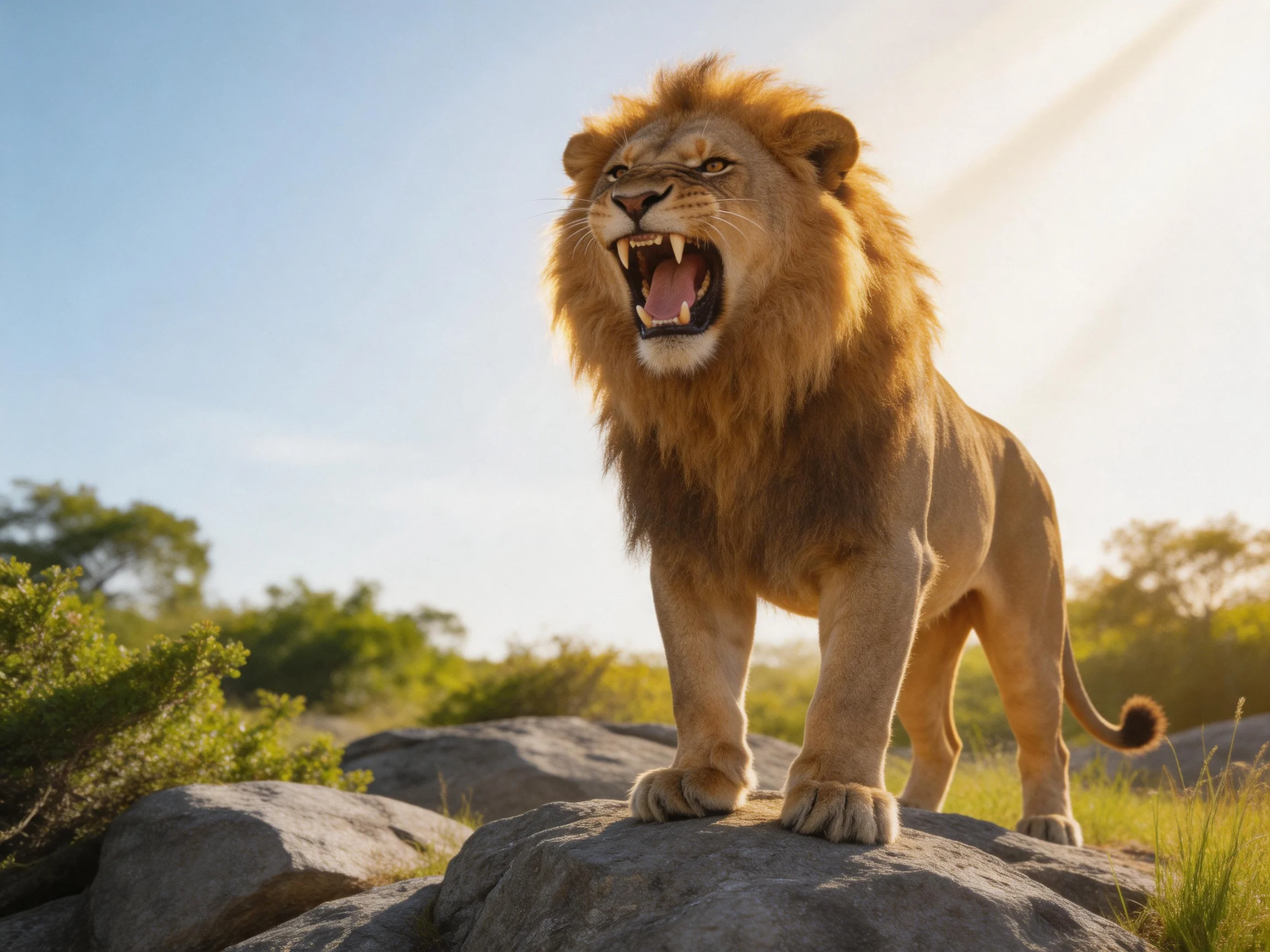A majestic lion roars atop rocky terrain under bright sunlight