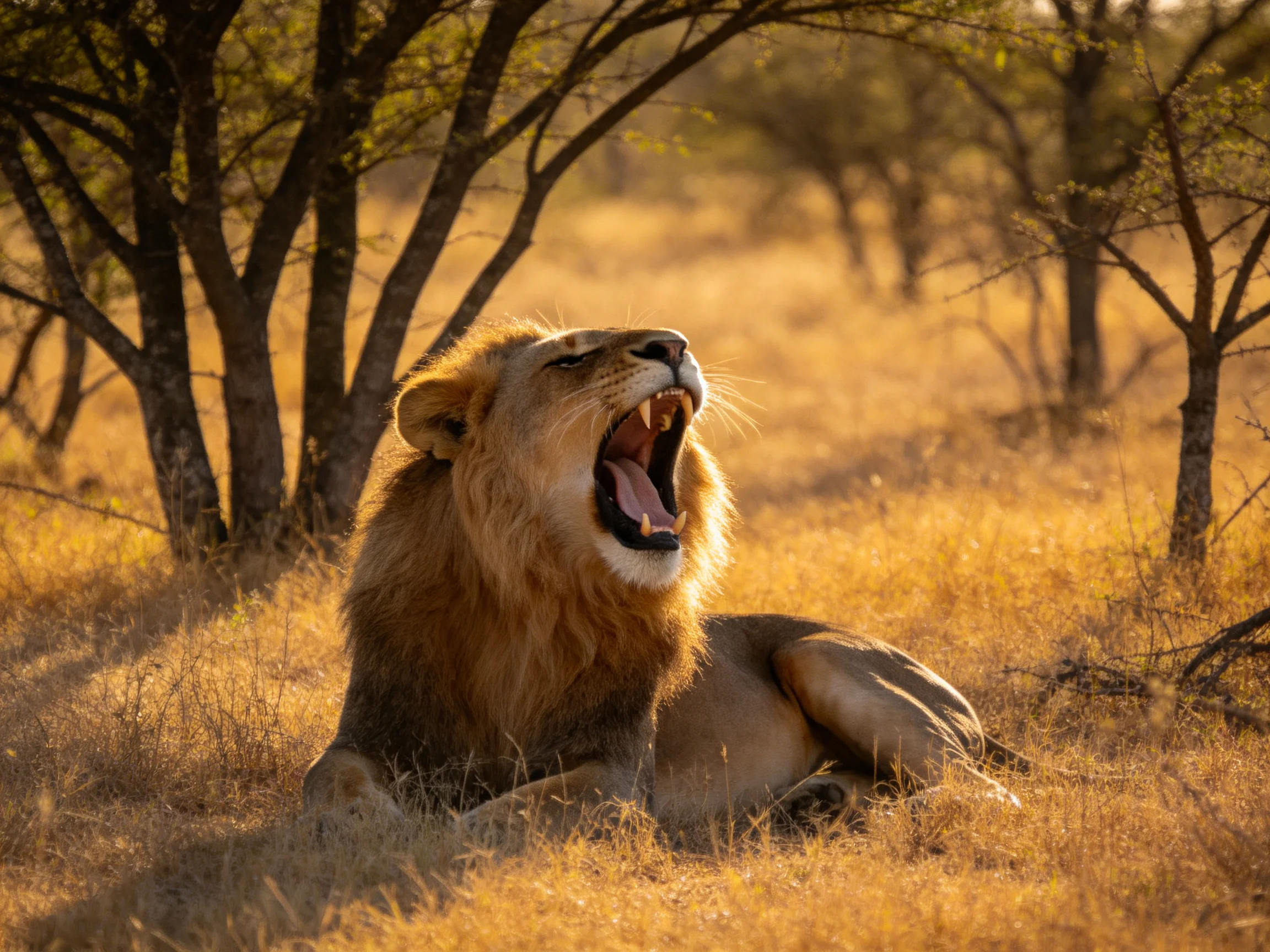 A majestic lion roars in golden savannah grass near acacia trees