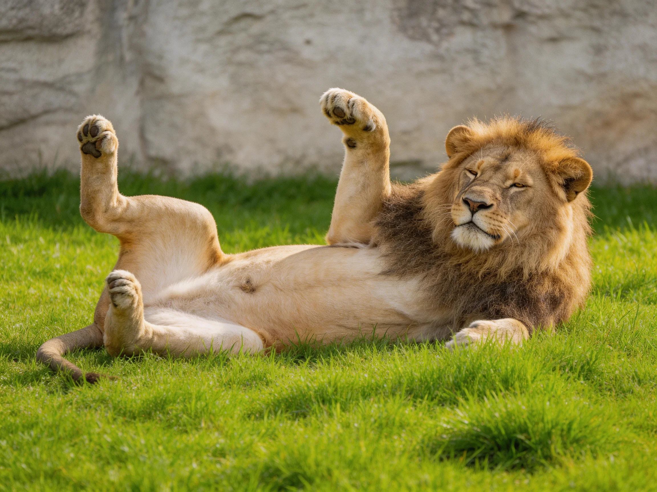 A majestic lion rolls on vibrant green grass near a stone wall