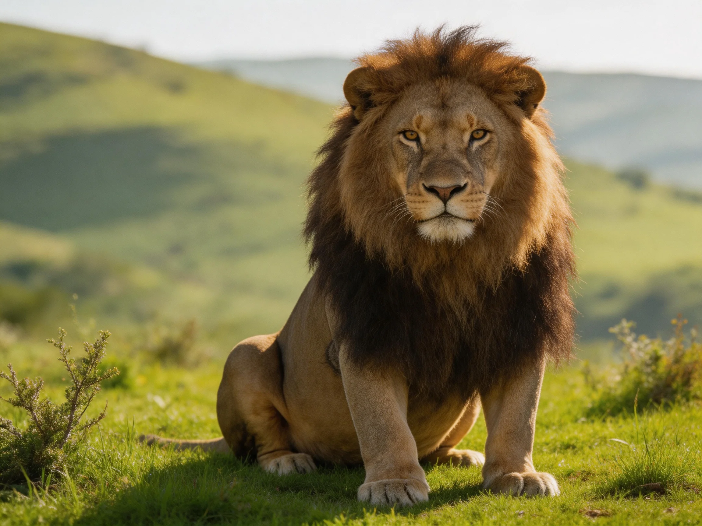A lion sits calmly on a grassy hillside under bright daylight.