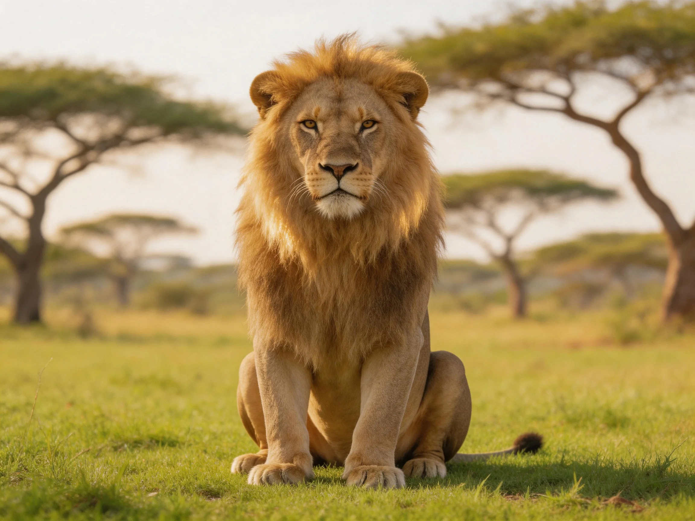 A lion sits calmly on the savannah grass near acacia trees.