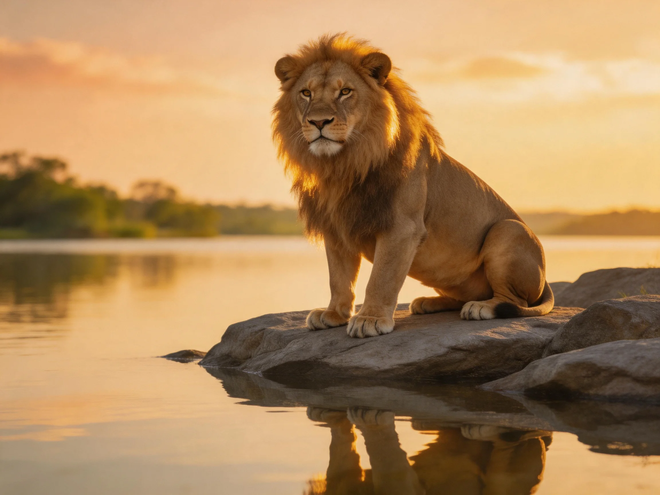 A majestic lion sits on rocky terrain by calm waters during golden hour