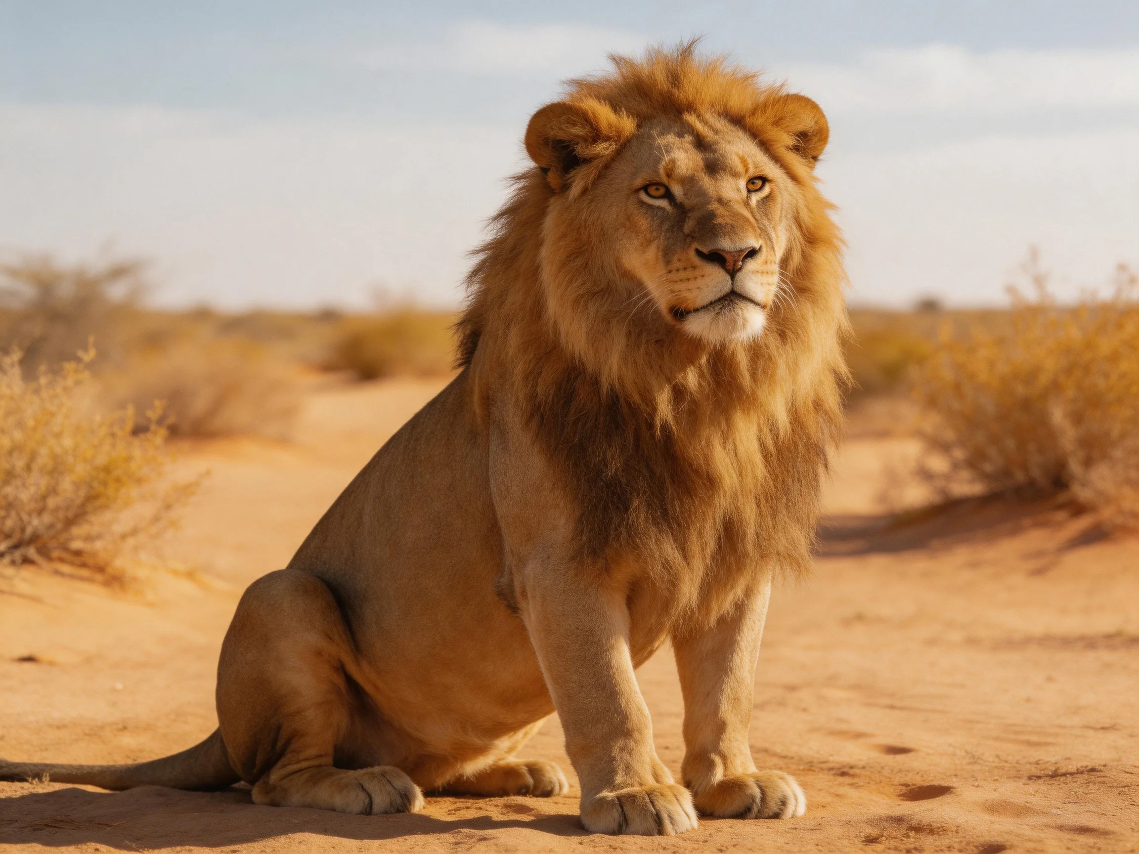A majestic lion sits on sandy terrain with dry bushes around