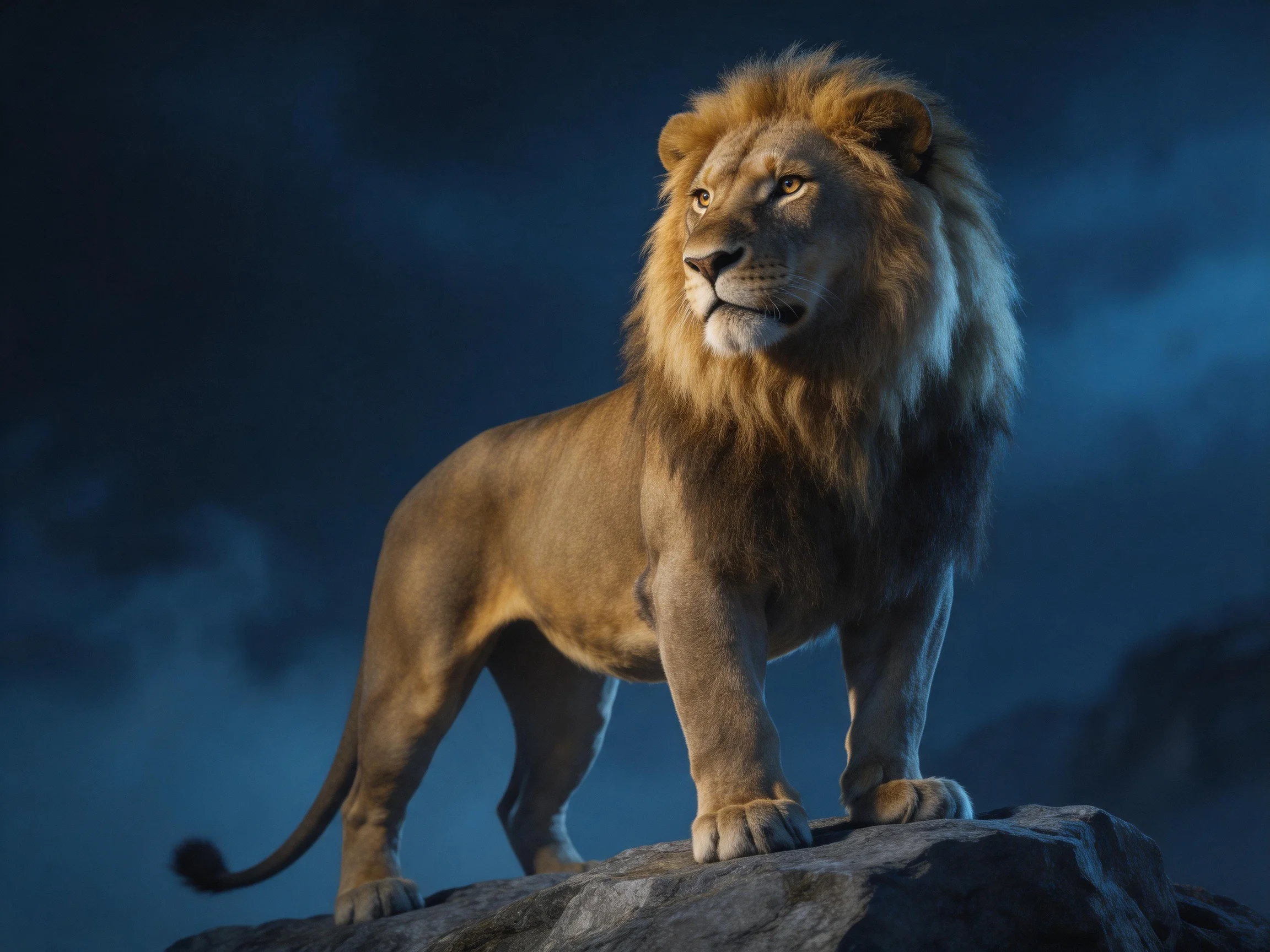 A majestic lion stands on a rock beneath a dark, moody sky.