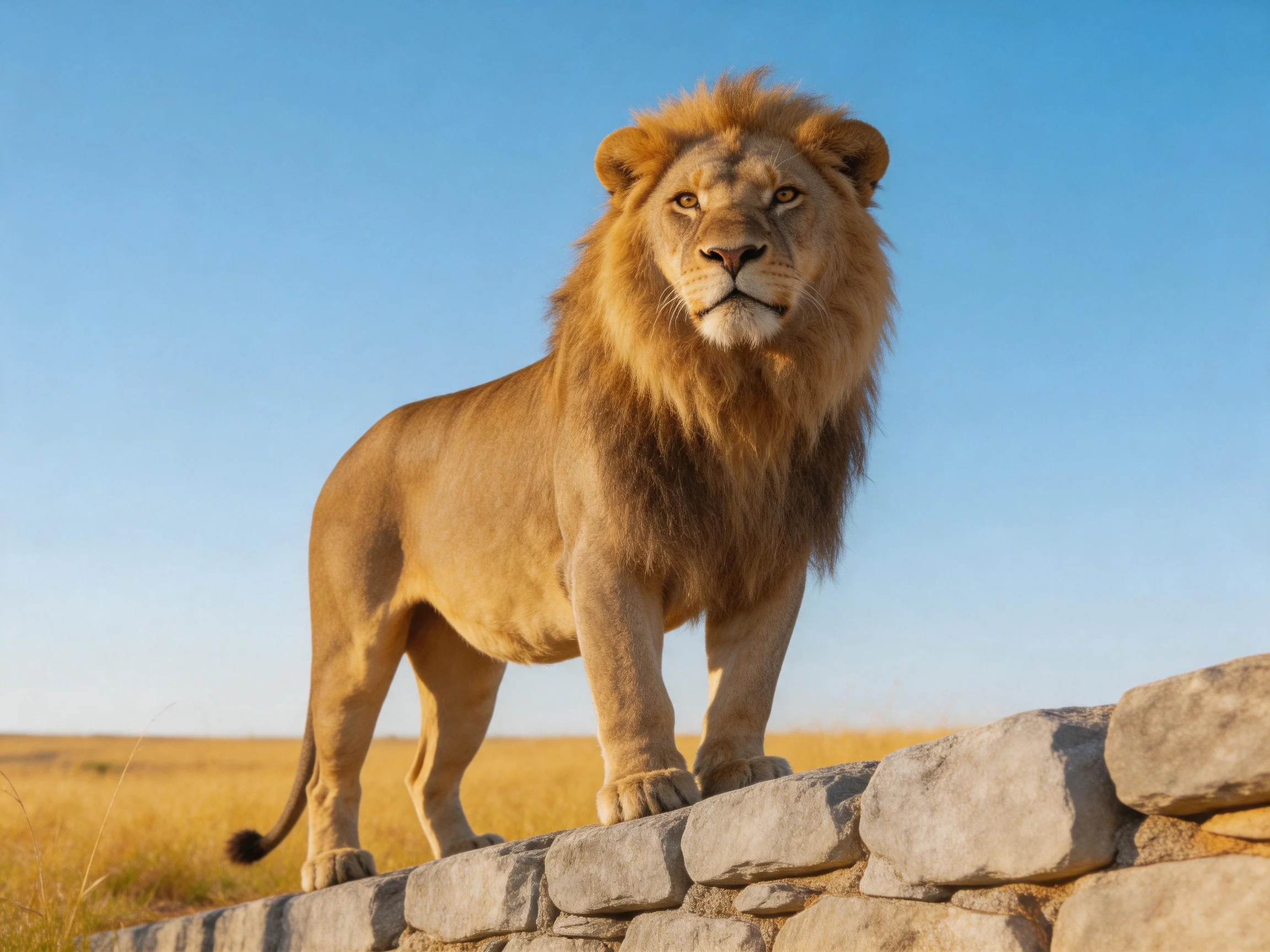 A lion stands on a stone structure overlooking an open landscape.