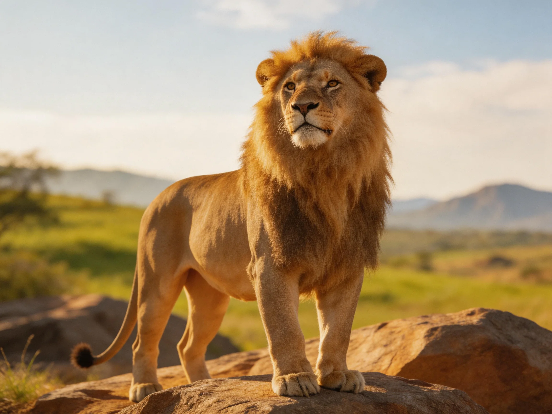 A lion stands on rocks in a sunlit savannah landscape.