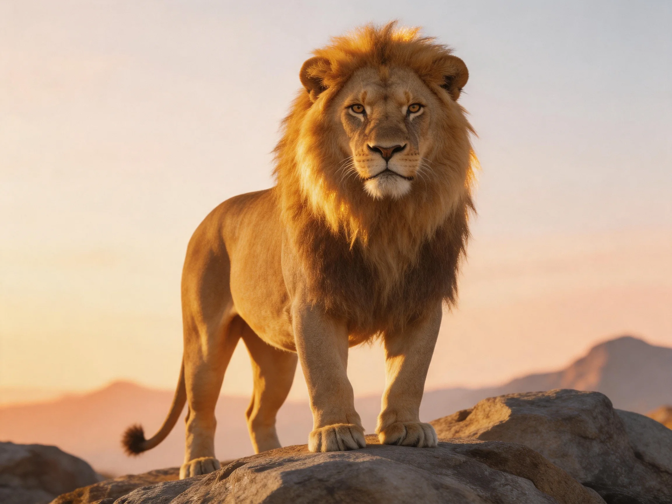A lion stands regally on rocks against a sunset backdrop.