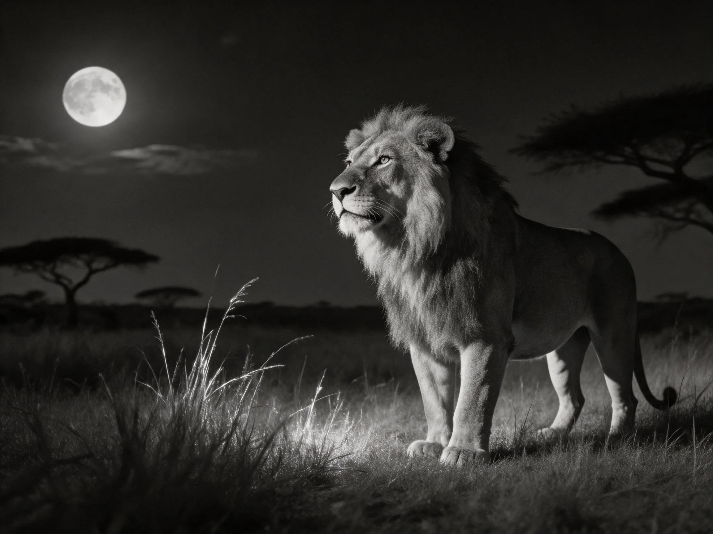 A lion stands in a dark savannah beneath a bright full moon.