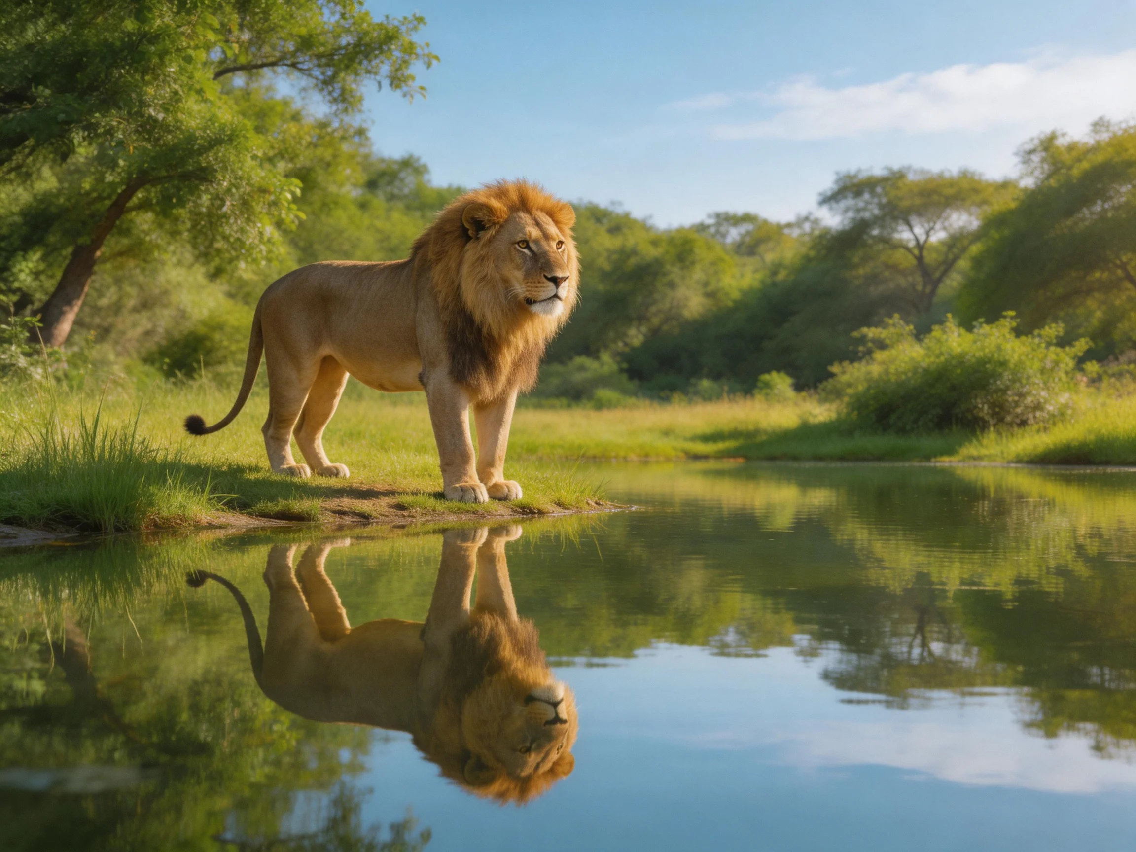 A lion stands by calm water with its reflection visible amid lush vegetation.