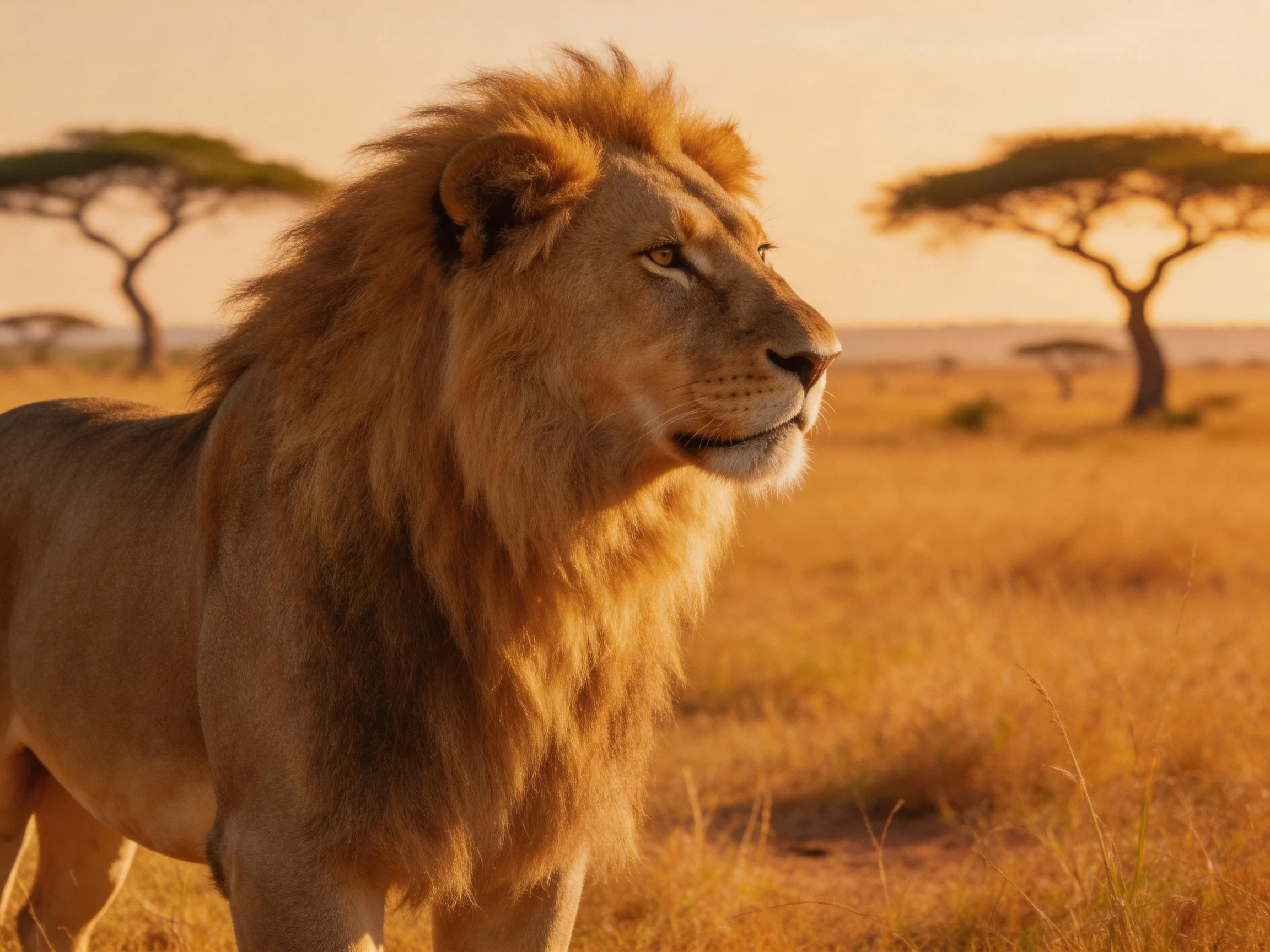 A lion stands in a sunlit savannah with acacia trees in the distance