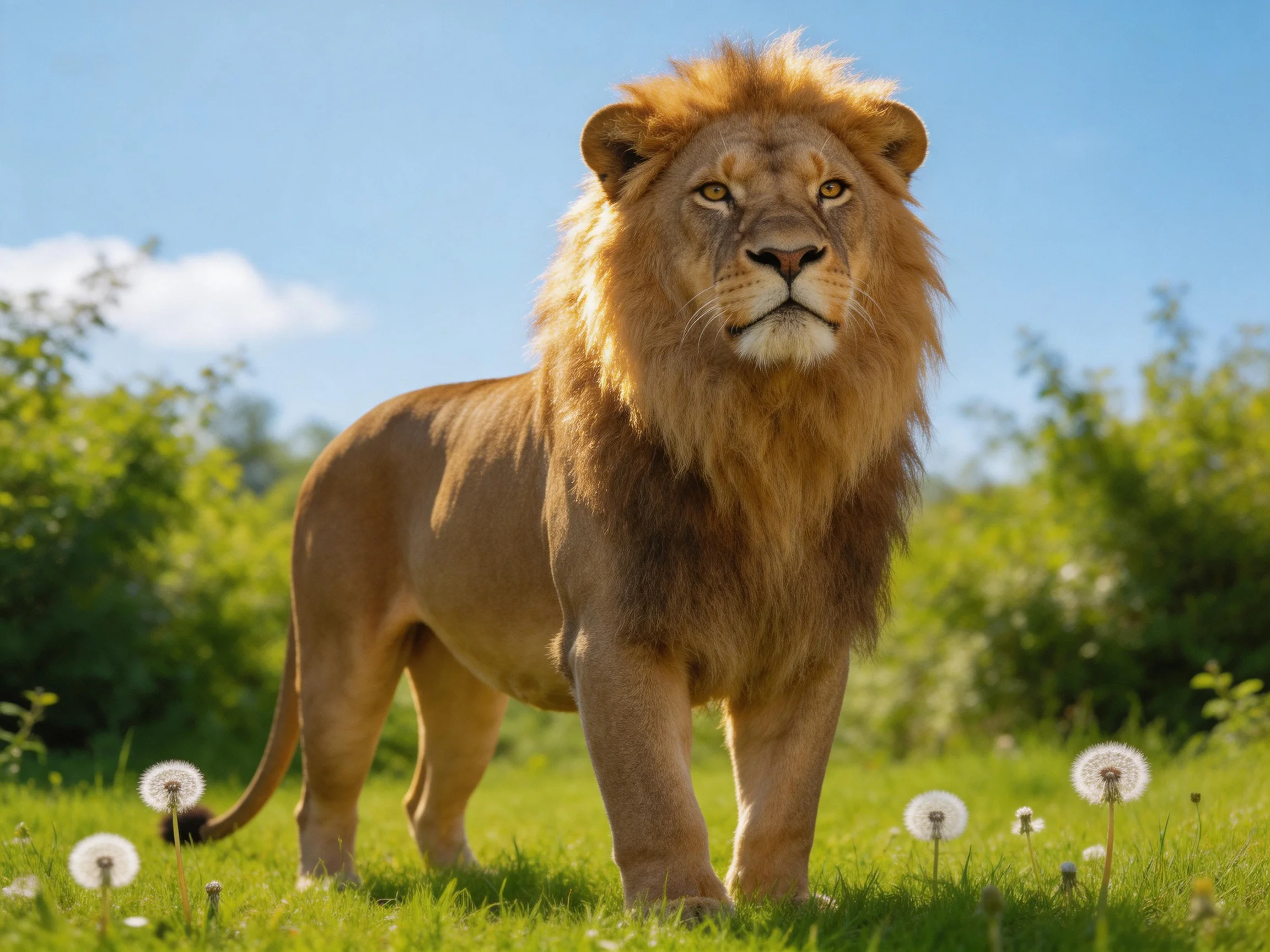 A lion stands in a sunlit meadow with greenery and dandelions