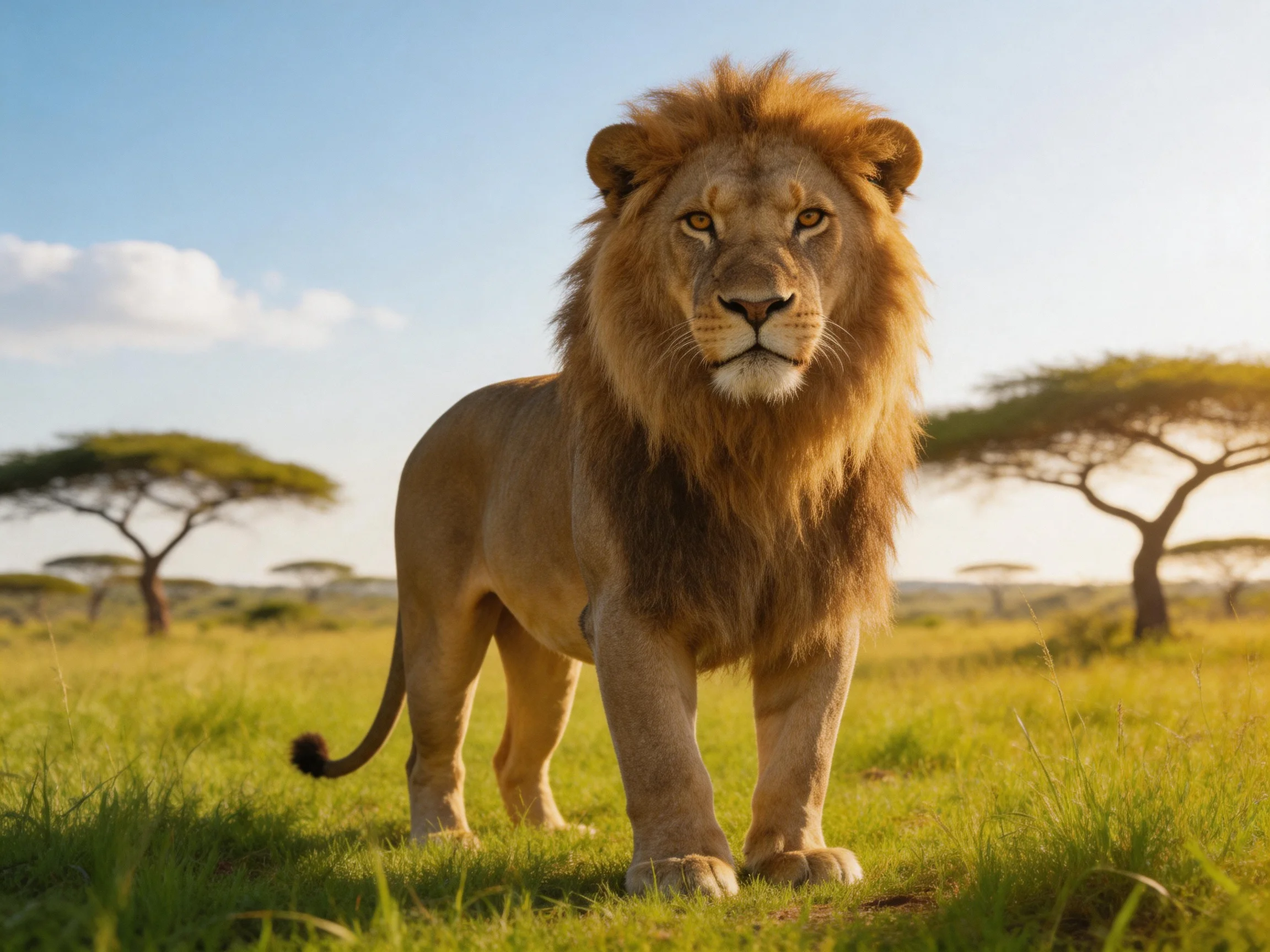 A lion stands prominently in a sunlit savannah landscape.