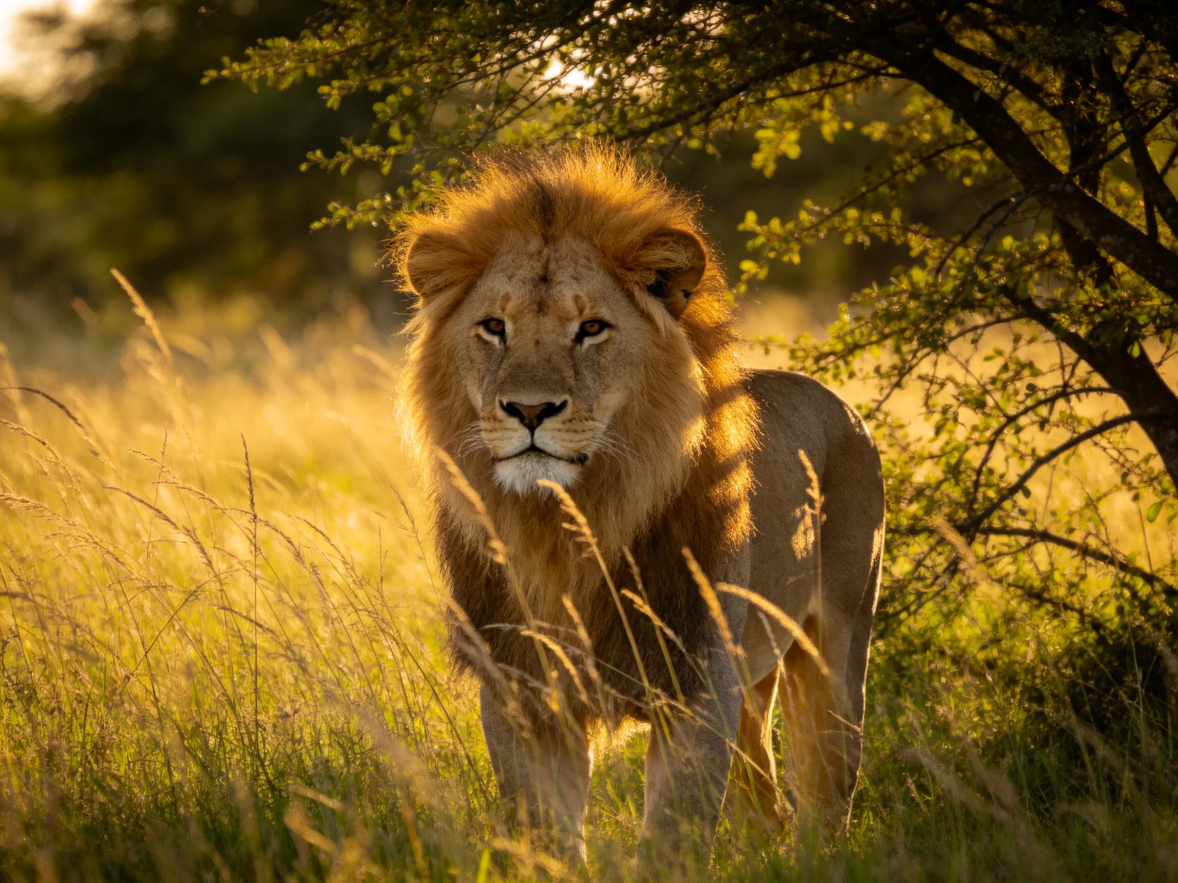 A lion stands in golden grass within a sunlit savannah.
