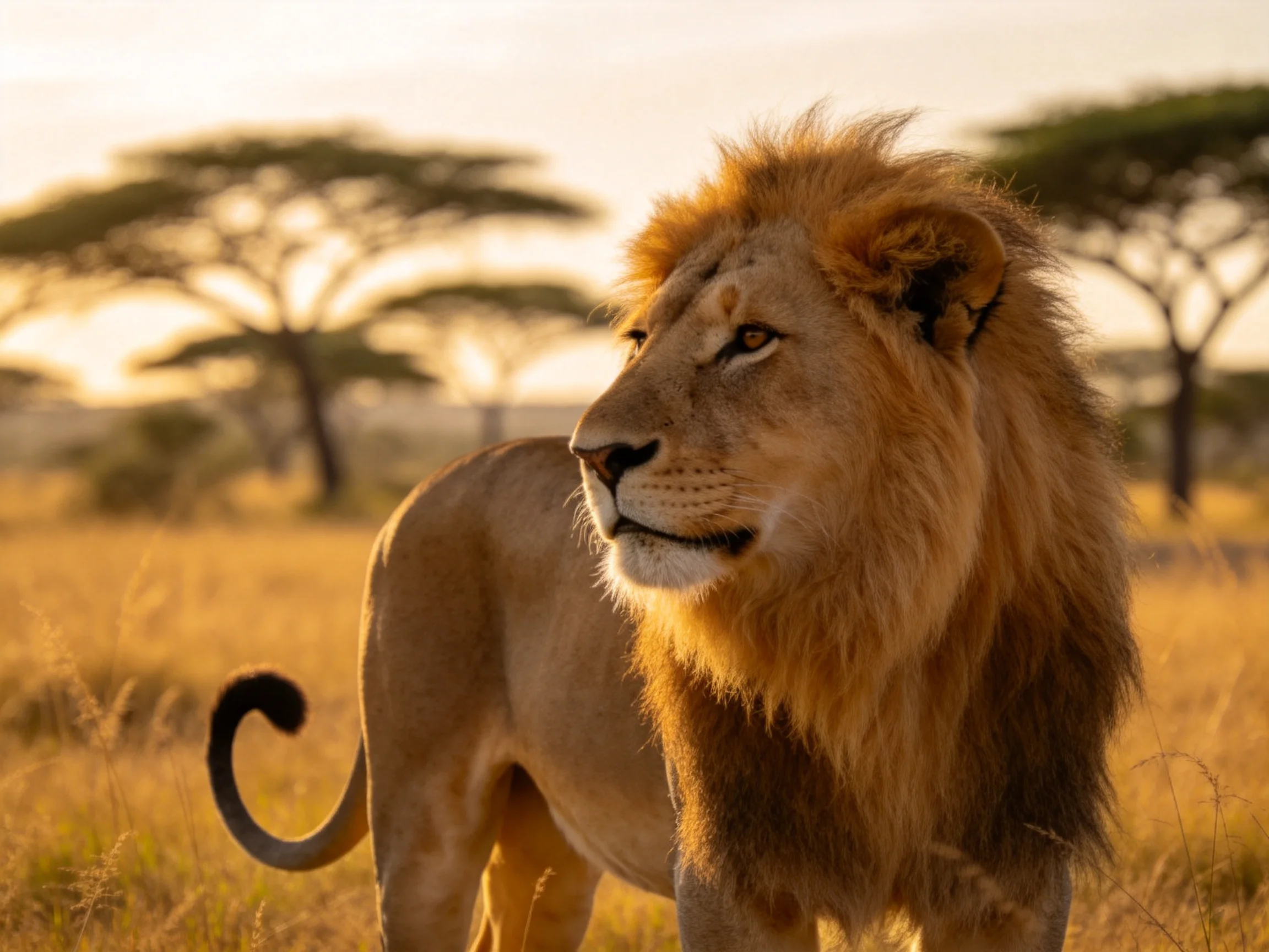A lion stands alert in a sunlit savannah landscape.