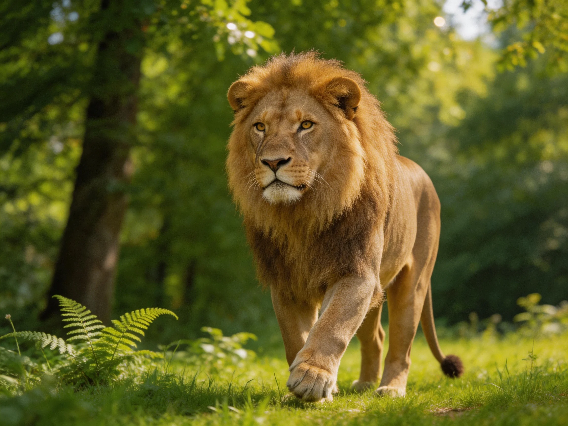 A lion confidently moves through a sunlit, verdant forest area.