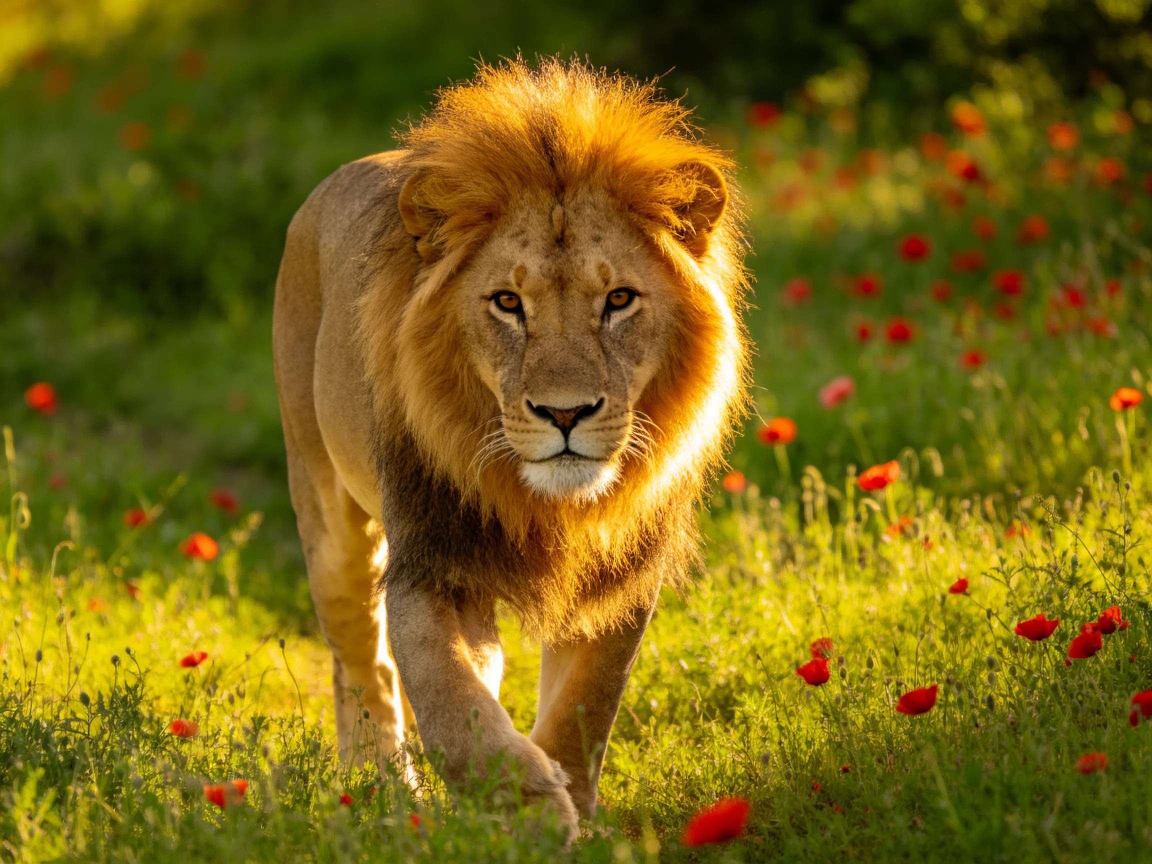 A lion confidently strides through a meadow with bright red flowers.