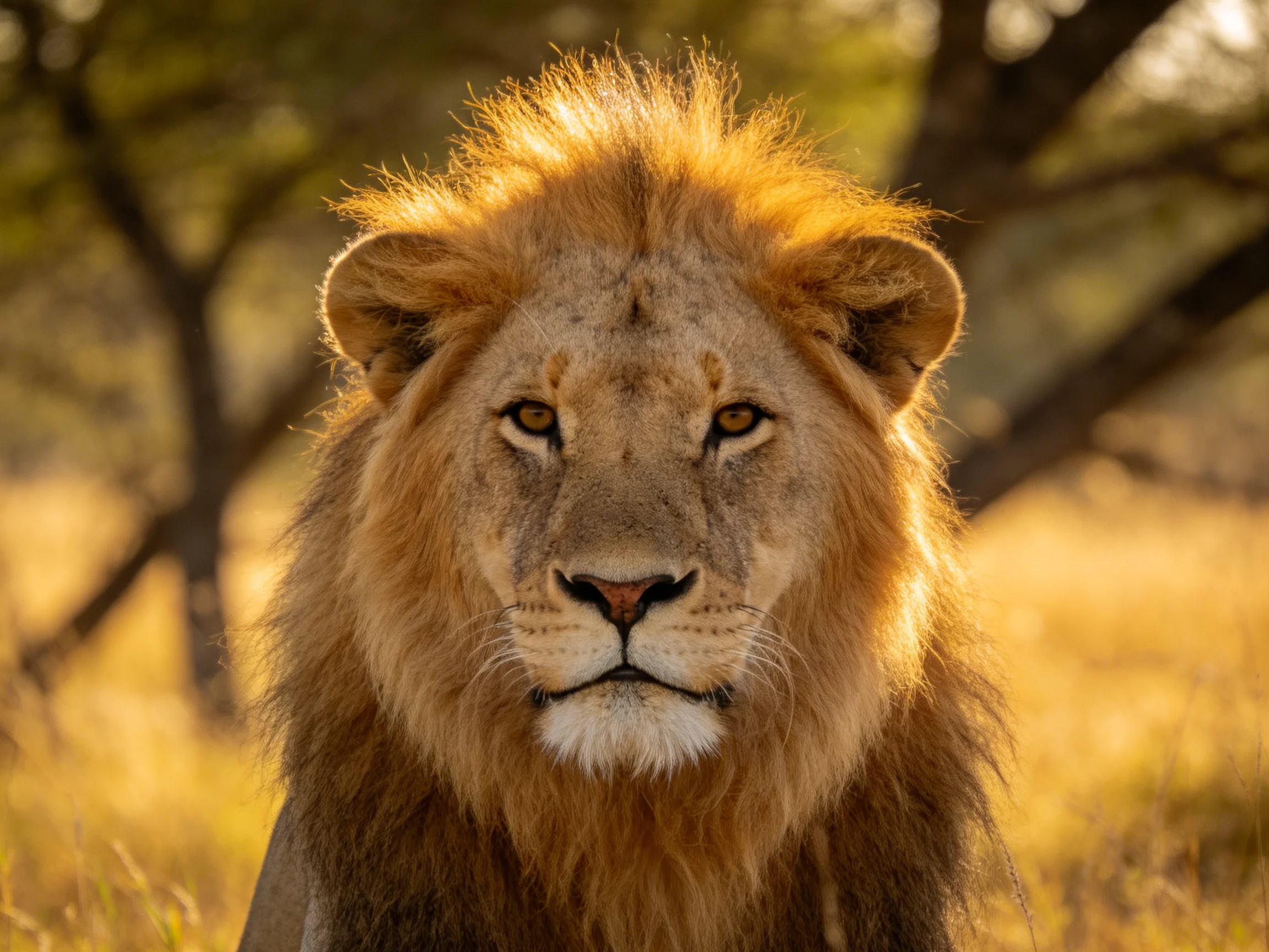Close-up of a lion with a thick mane in a sun-drenched natural setting.