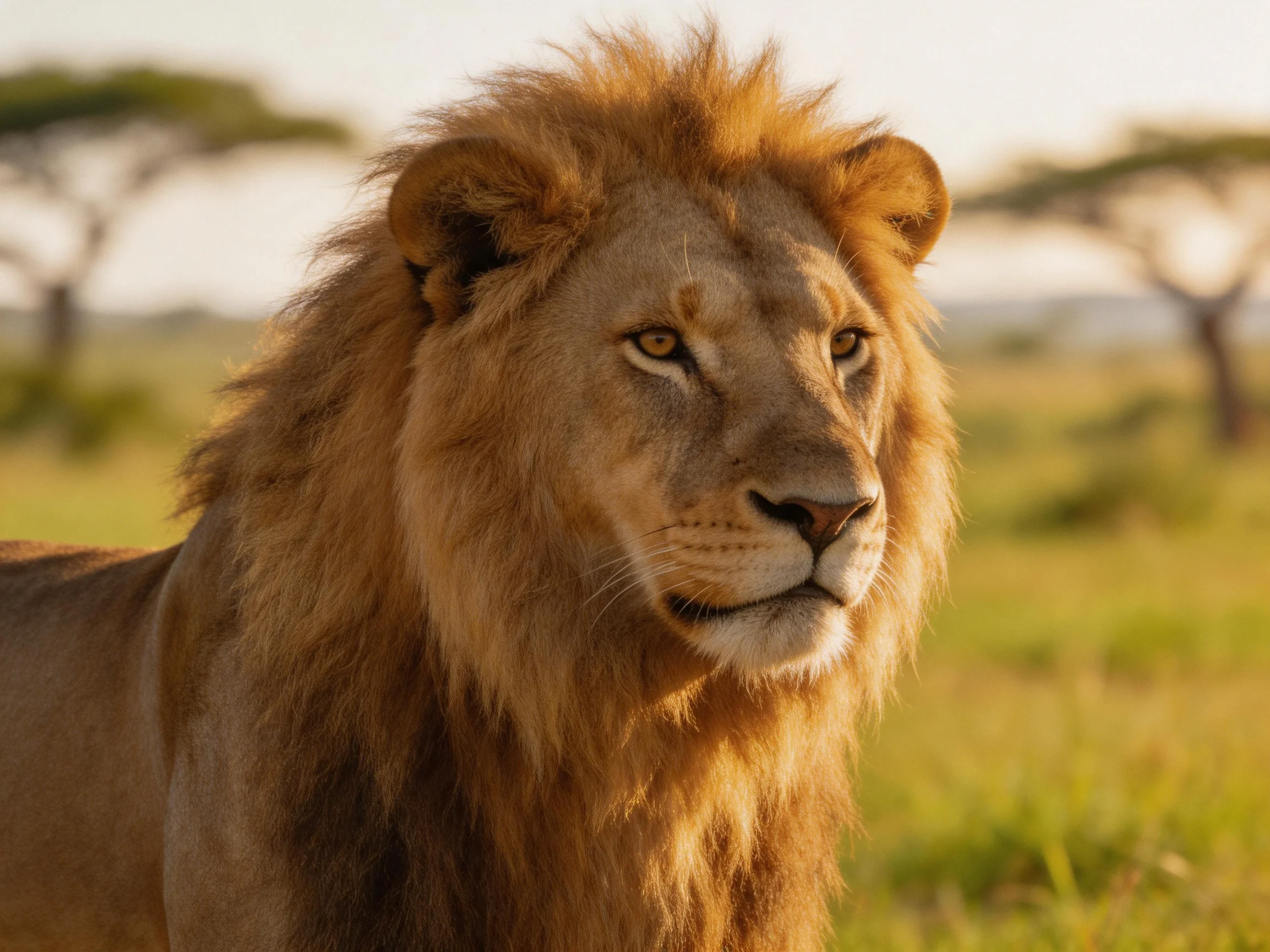 A lion with a thick mane gazes serenely in a sunlit savannah.