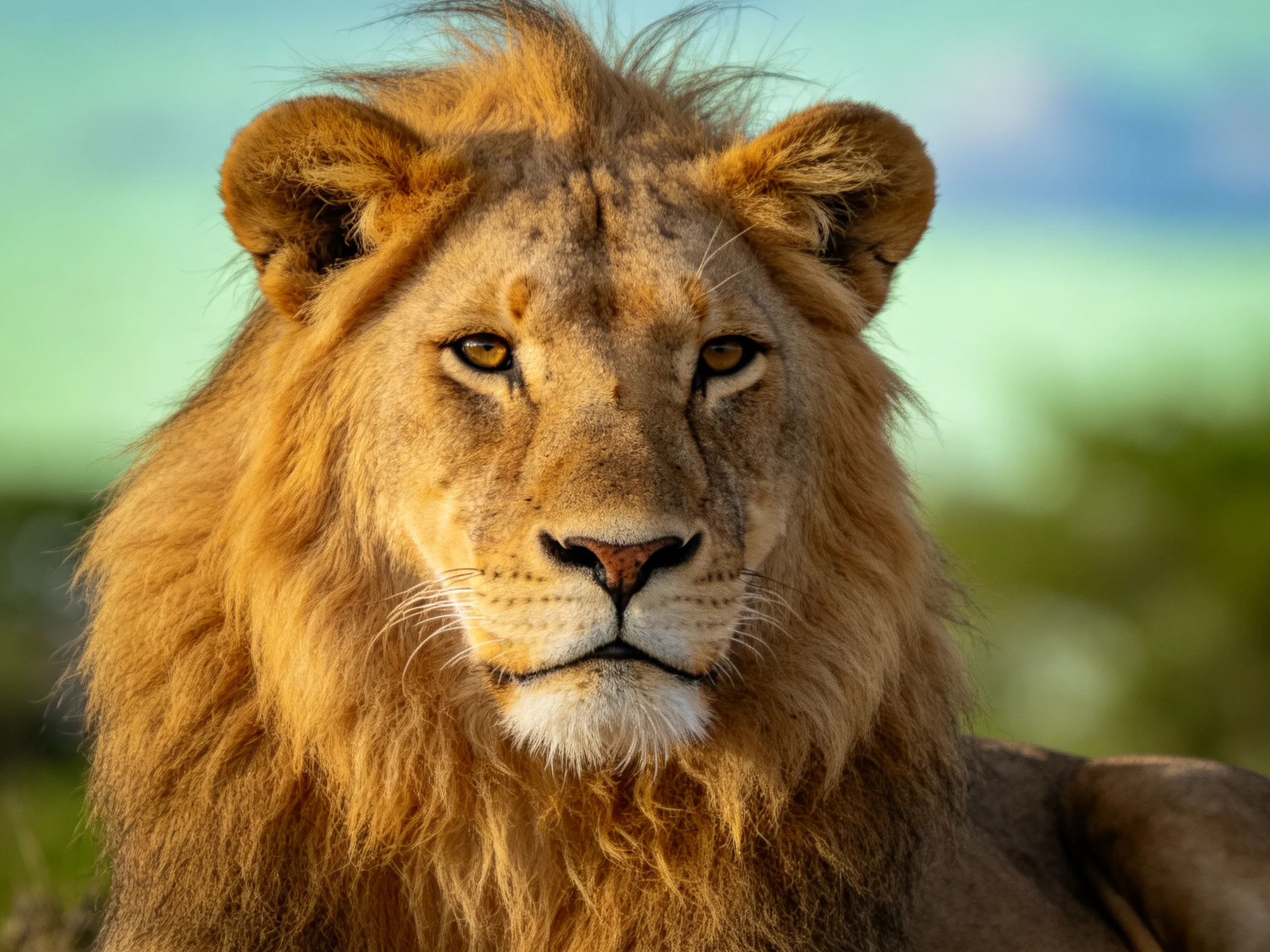 A close - up portrait of a lion showcasing its golden mane and calm expression.