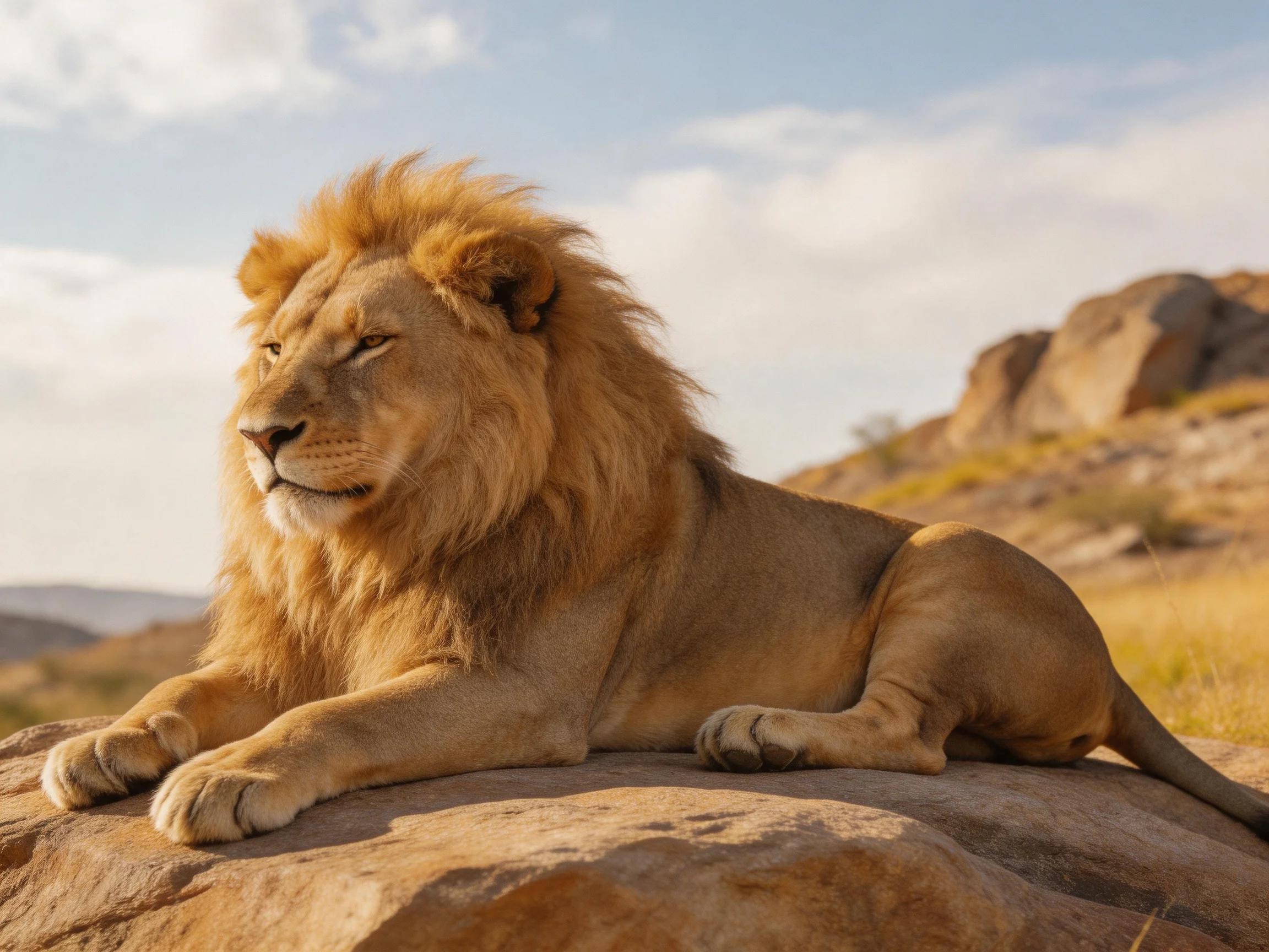 A lion reclines calmly on a large rock in an arid landscape.