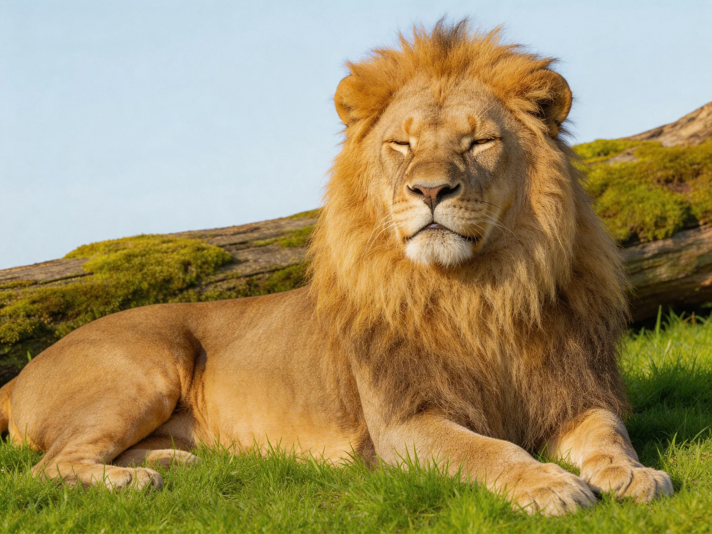 A lion rests calmly on green grass beside a mossy log.