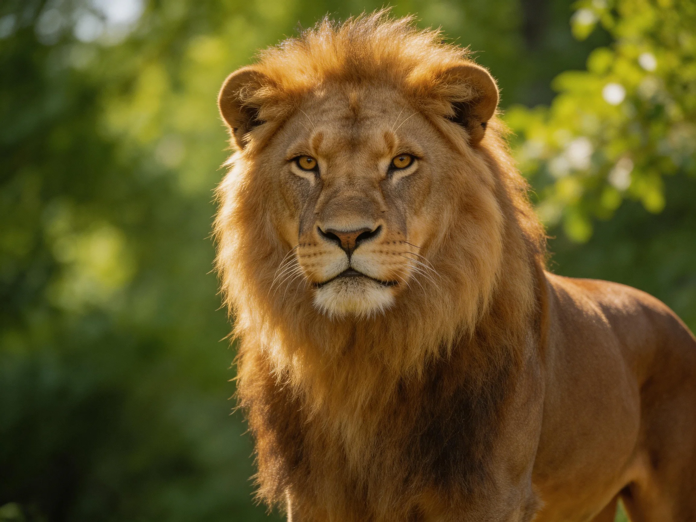 A lion with a golden mane stands in front of lush greenery.