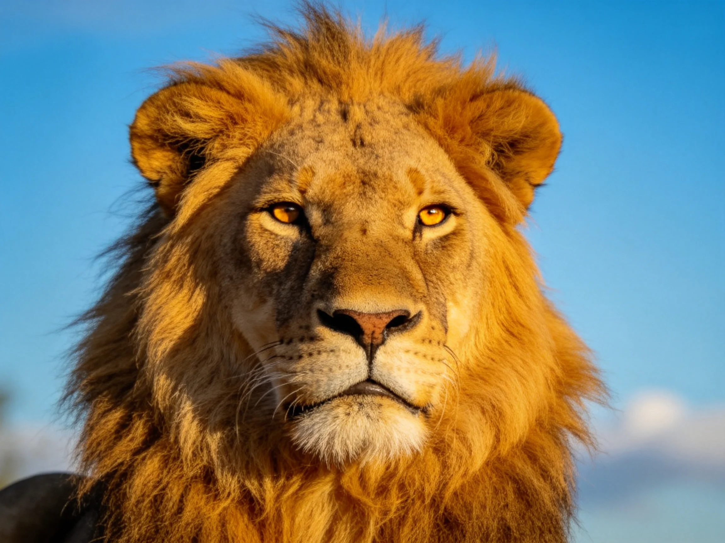 Close - up of a lion with golden mane against a clear blue sky.