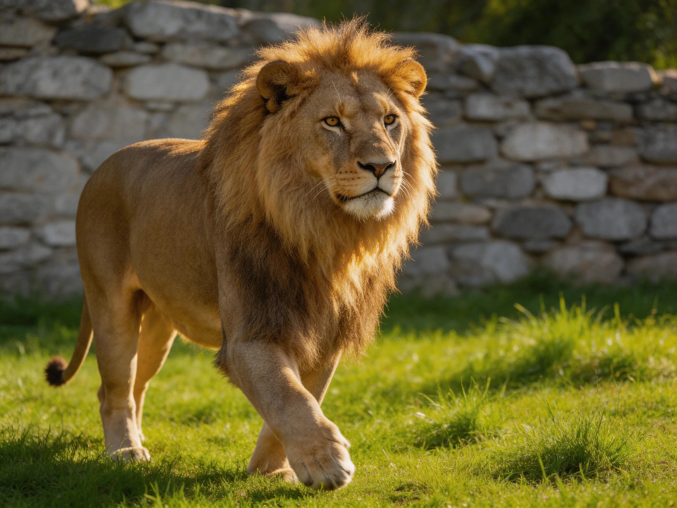 A golden-maned lion walks through grass beside a stone wall.