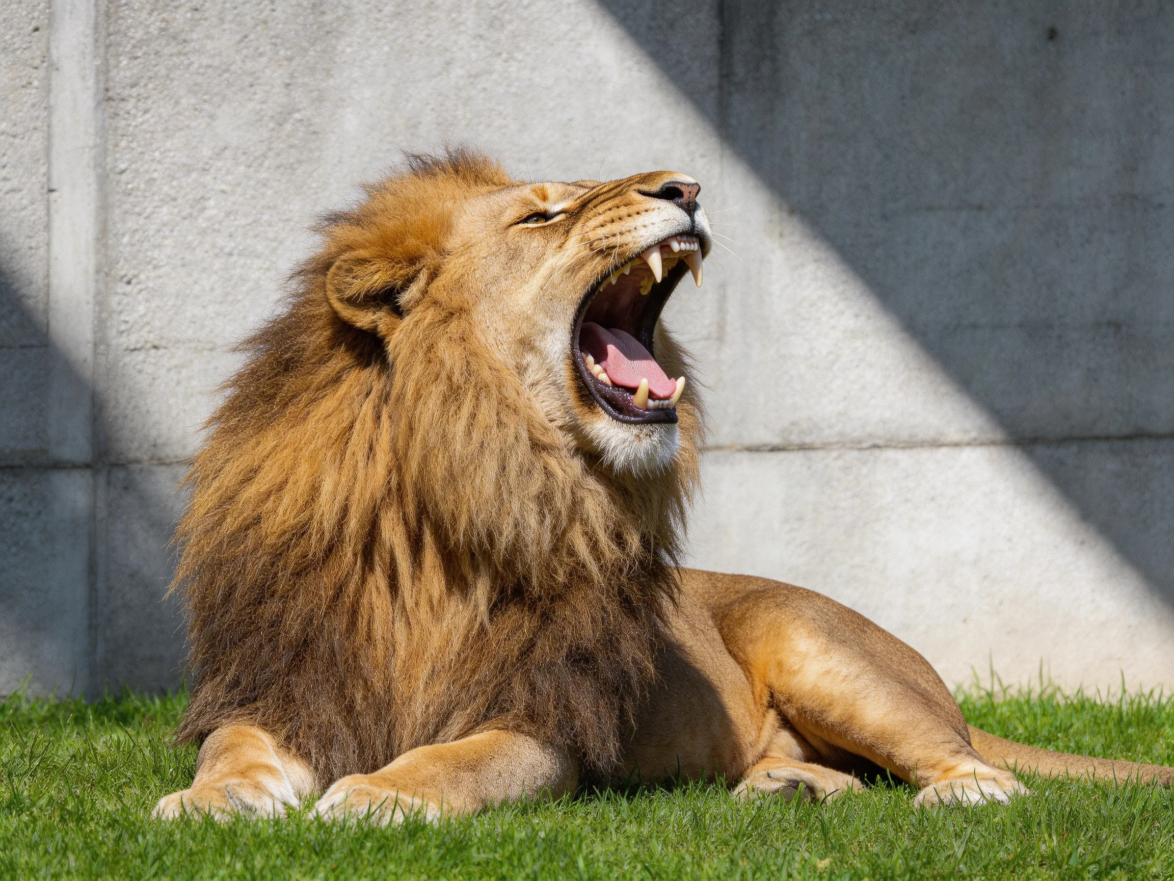 A lion yawns while resting on grass beside a concrete wall