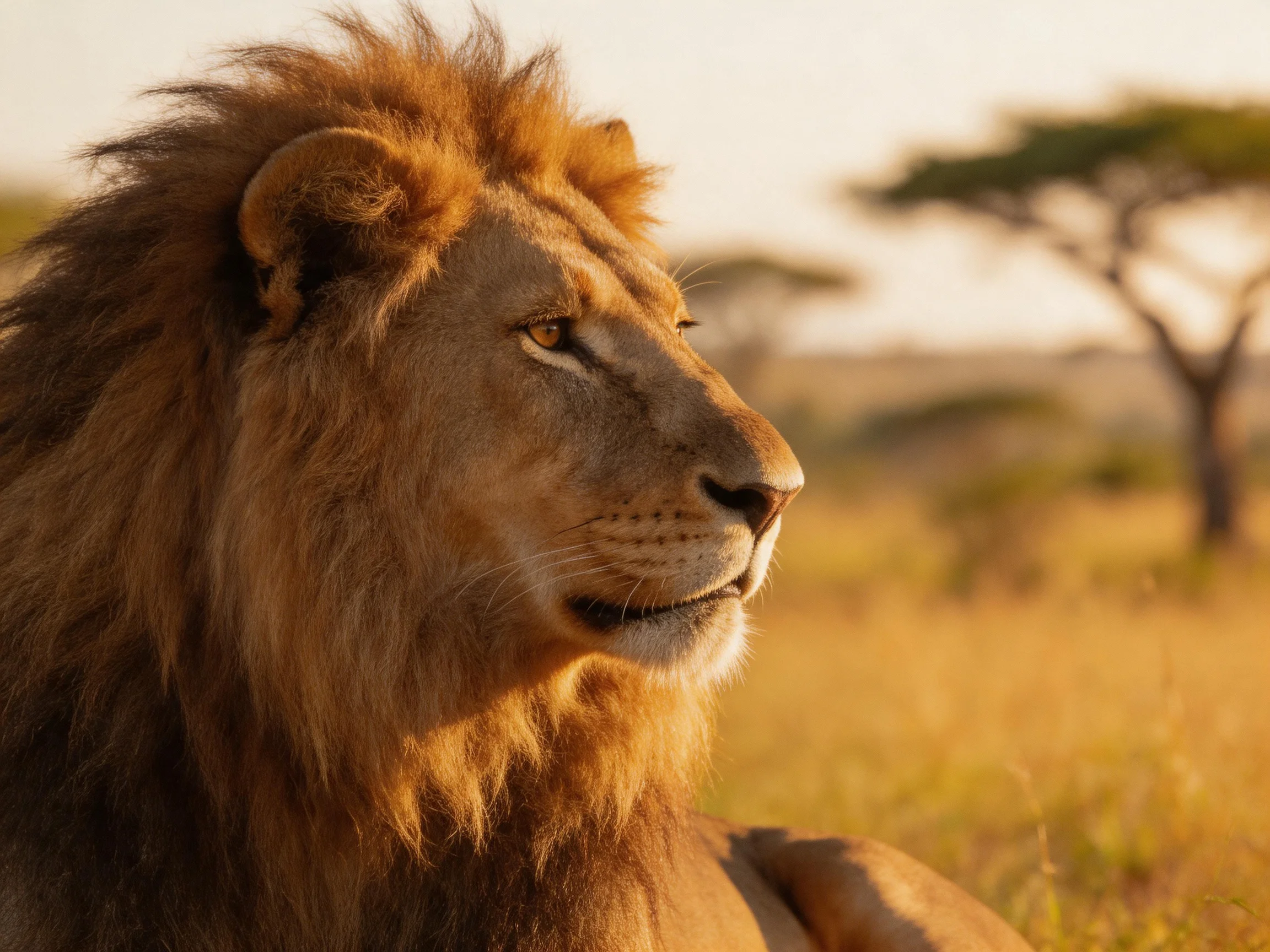 A lion with a thick mane rests in a sunlit savannah landscape.