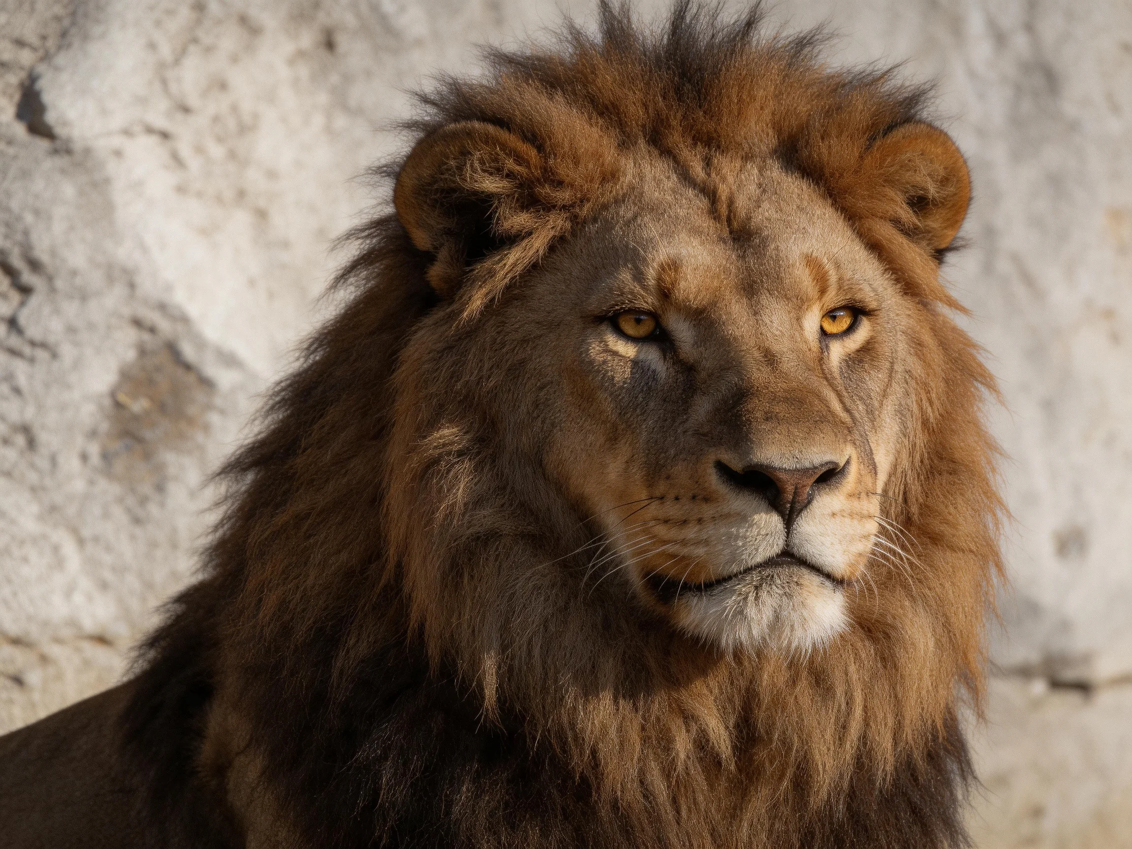 A close - up of a lion with a thick mane beside a stone wall.
