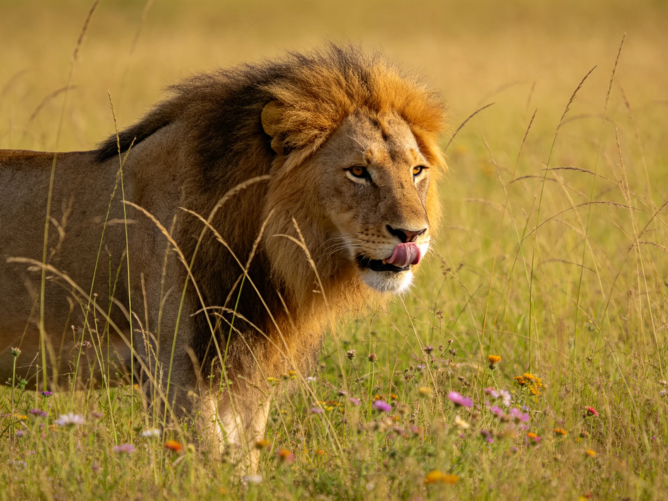 A lion roams through tall savannah grass in a sunlit landscape