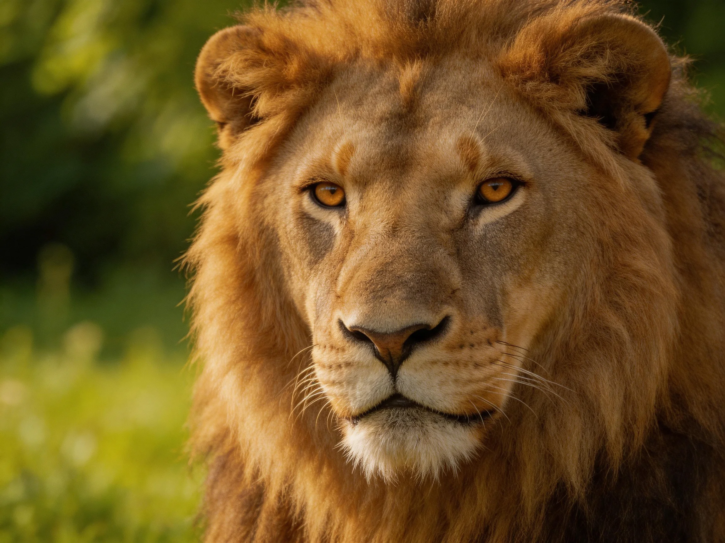 A close - up of a lion displaying its golden-brown mane amidst a green landscape
