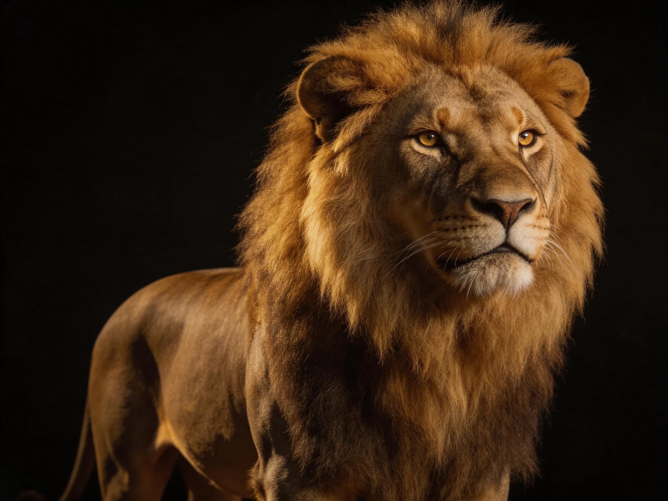 A majestic lion stands out prominently against a dark background.