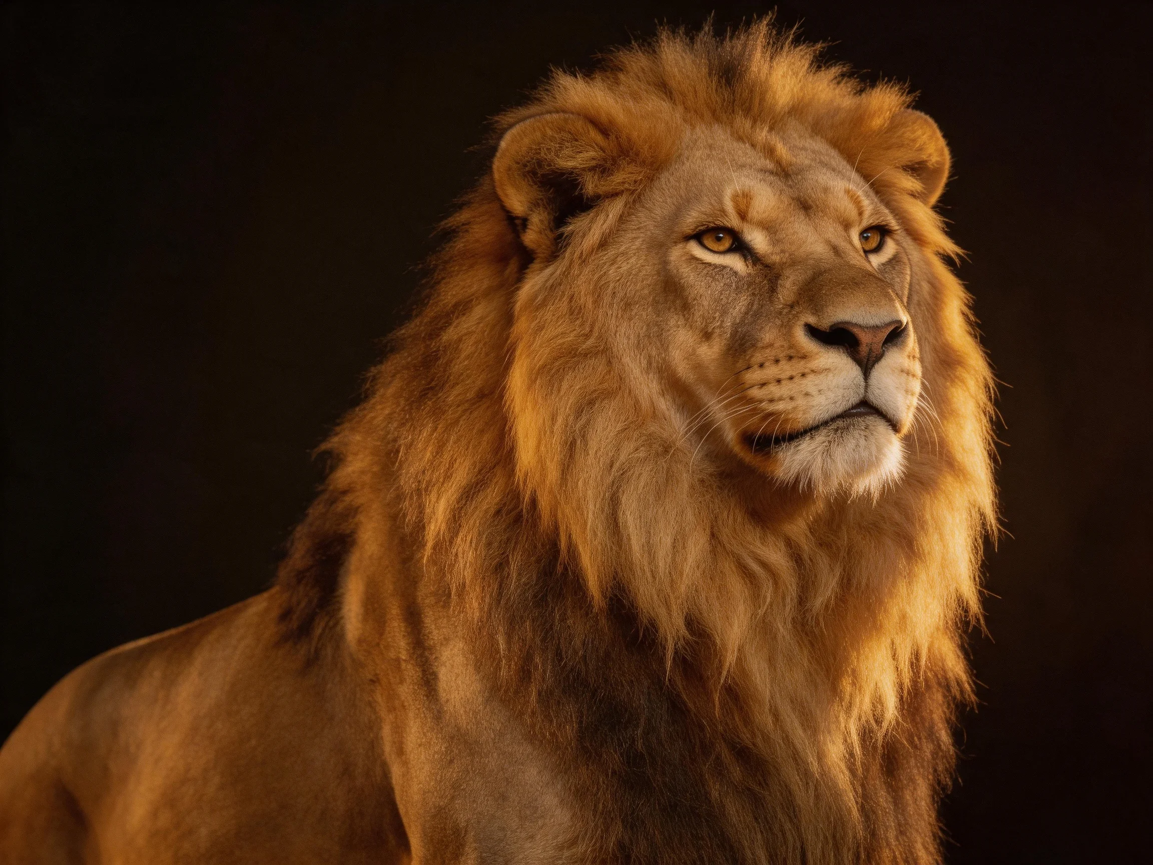 A majestic lion stands against a dark background, showcasing its thick mane.